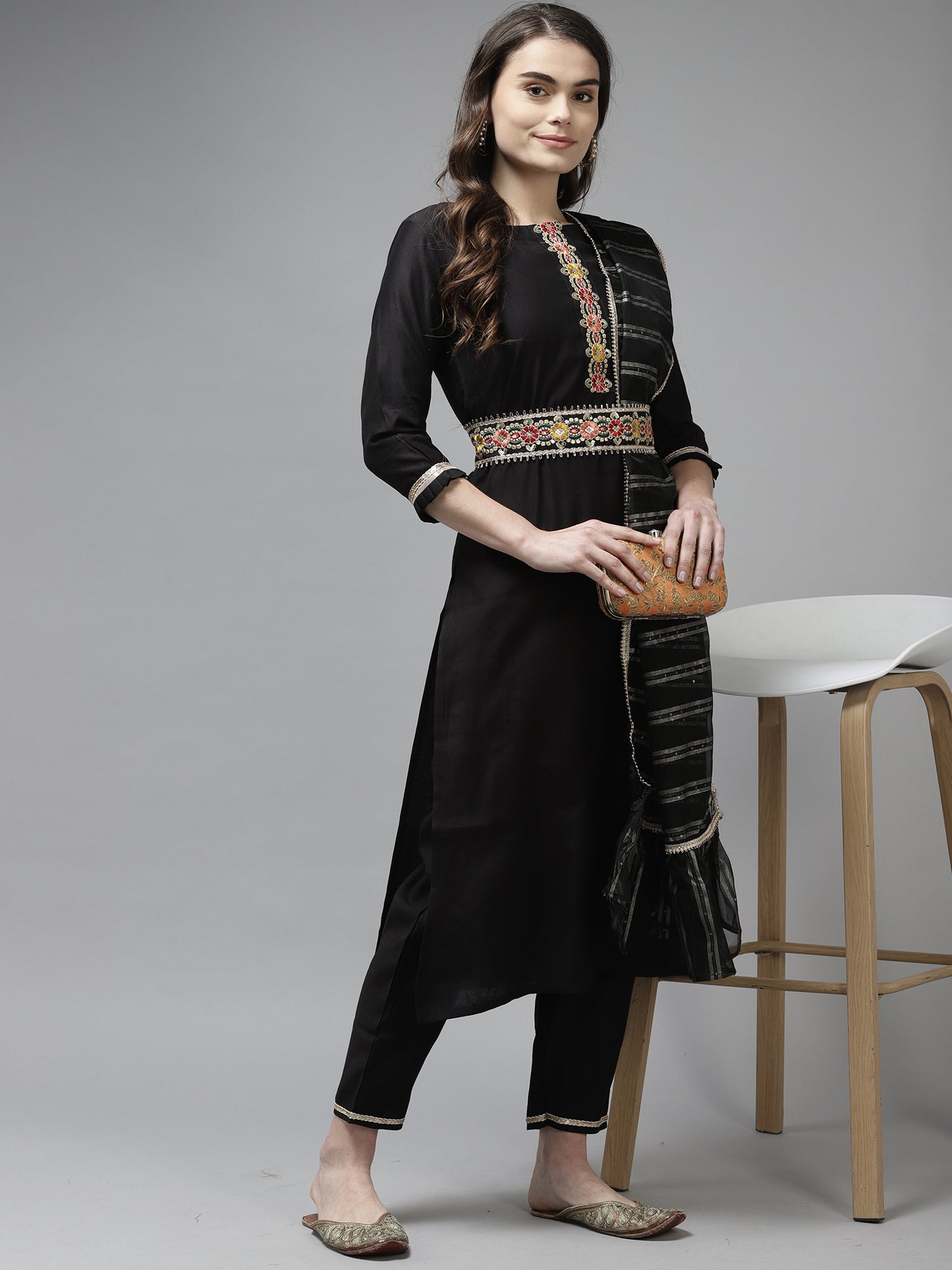 IE Black Solid Straight Kurta Trouser With Dupatta and Belt Set