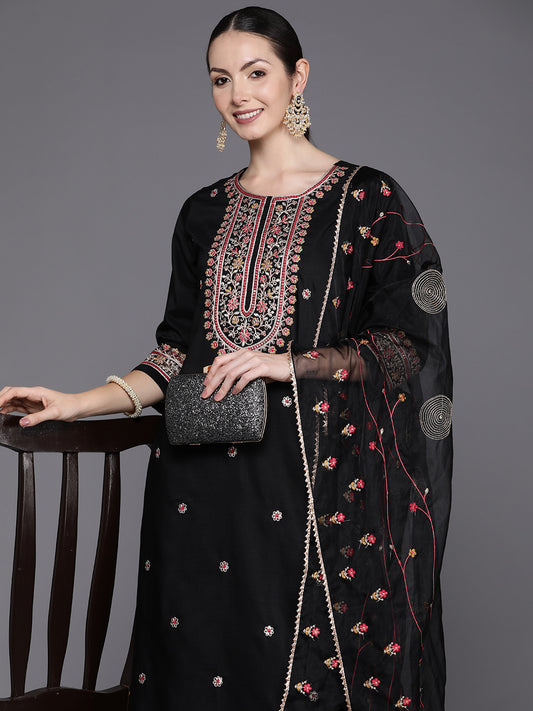 IE Black Embroidered Straight Kurta Trousers With Dupatta Set