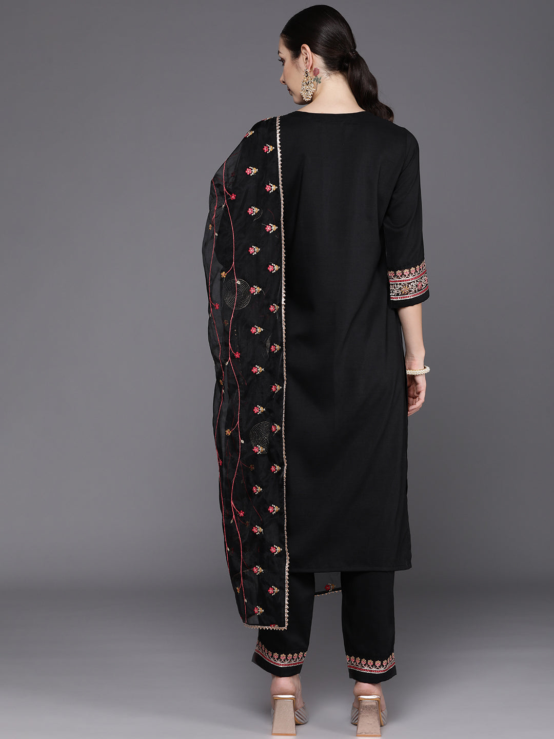 IE Black Embroidered Straight Kurta Trousers With Dupatta Set