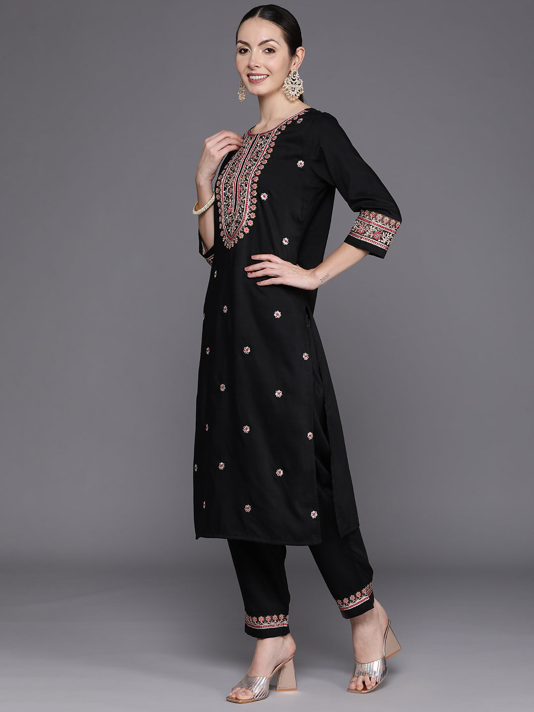 IE Black Embroidered Straight Kurta Trousers With Dupatta Set