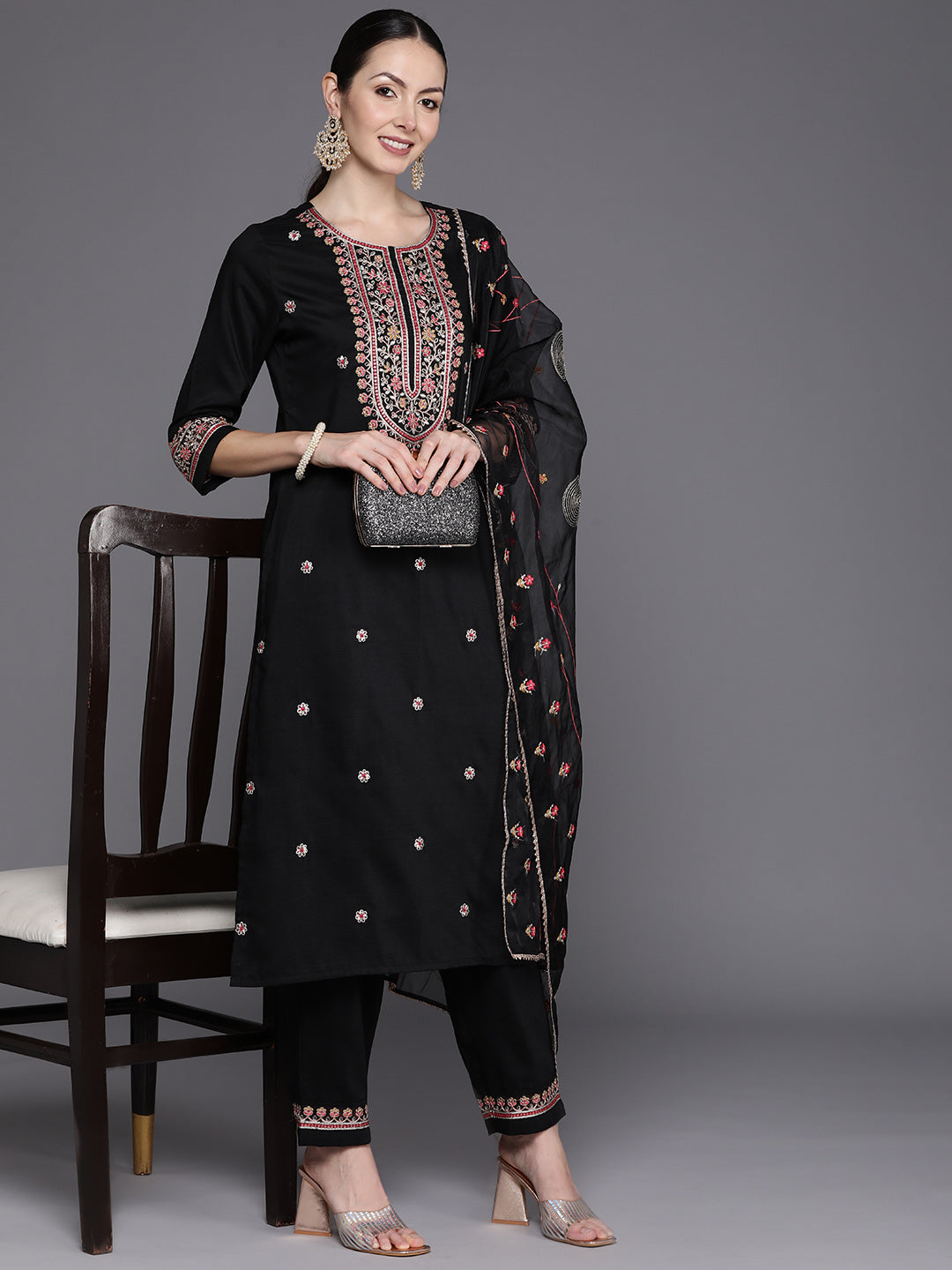 IE Black Embroidered Straight Kurta Trousers With Dupatta Set