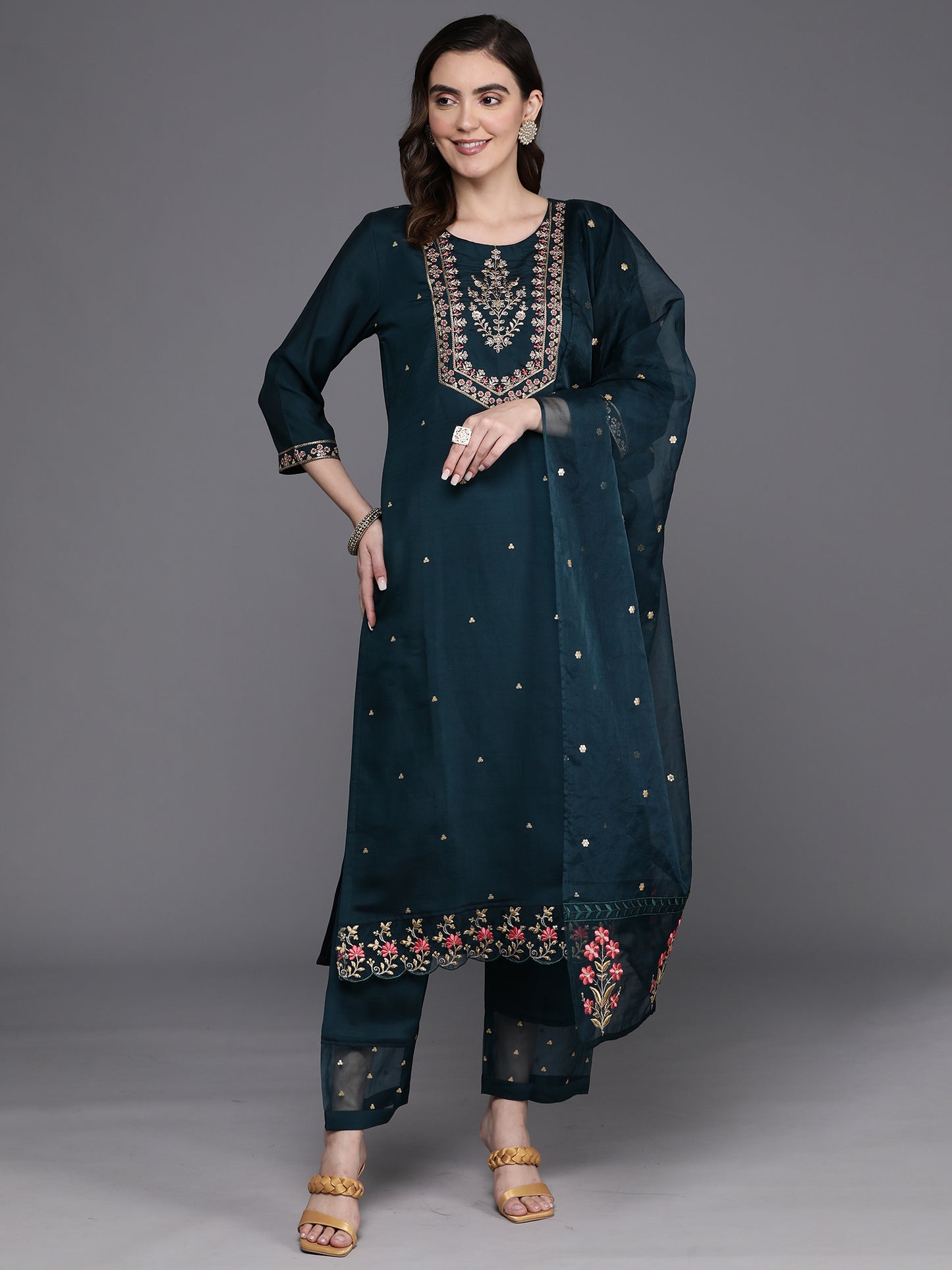 IE Blue Embroidered Straight Kurta Trousers With Dupatta Set