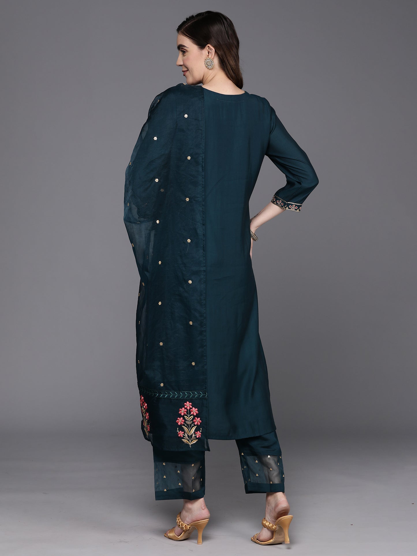 IE Blue Embroidered Straight Kurta Trousers With Dupatta Set