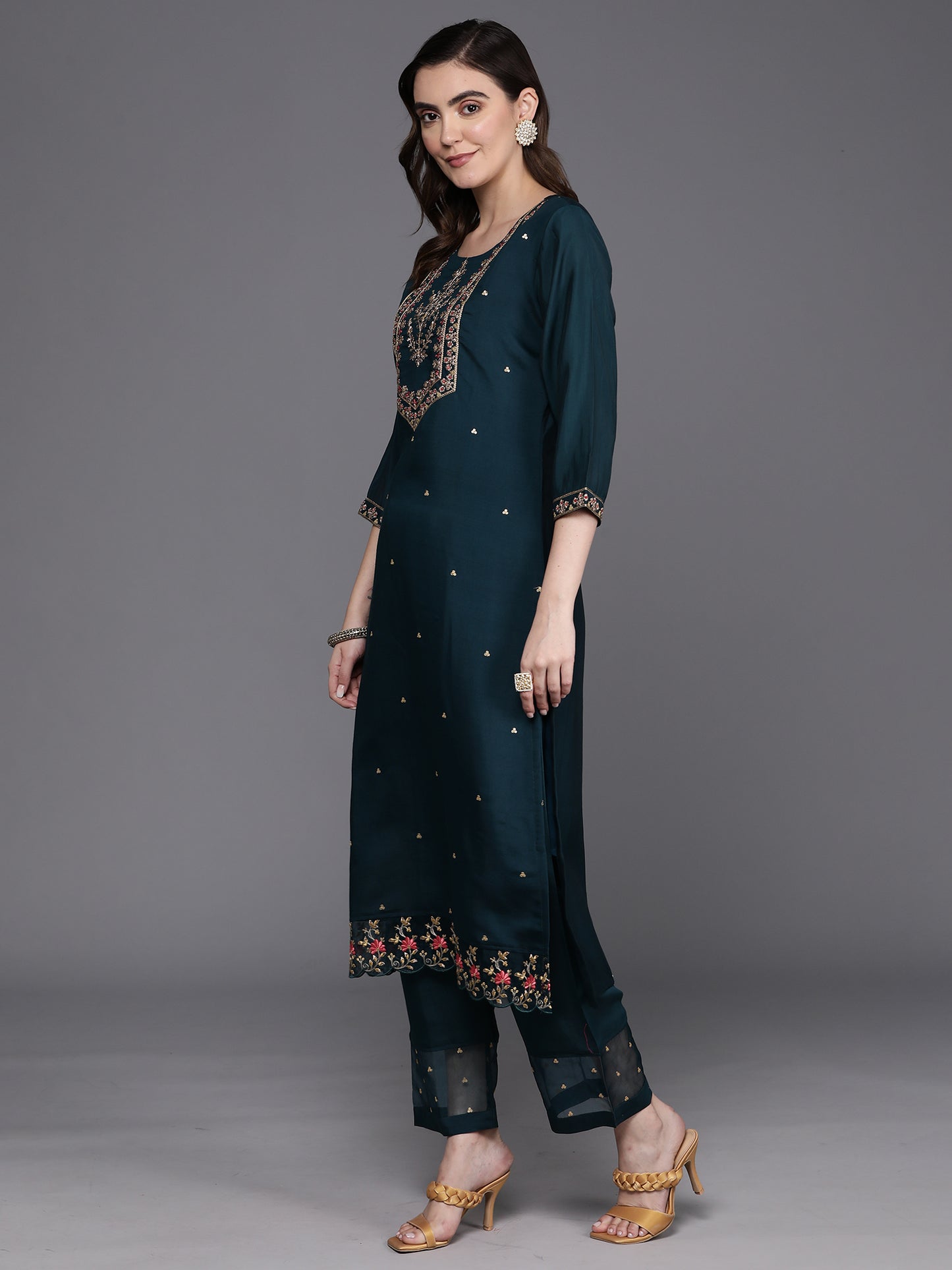 IE Blue Embroidered Straight Kurta Trousers With Dupatta Set