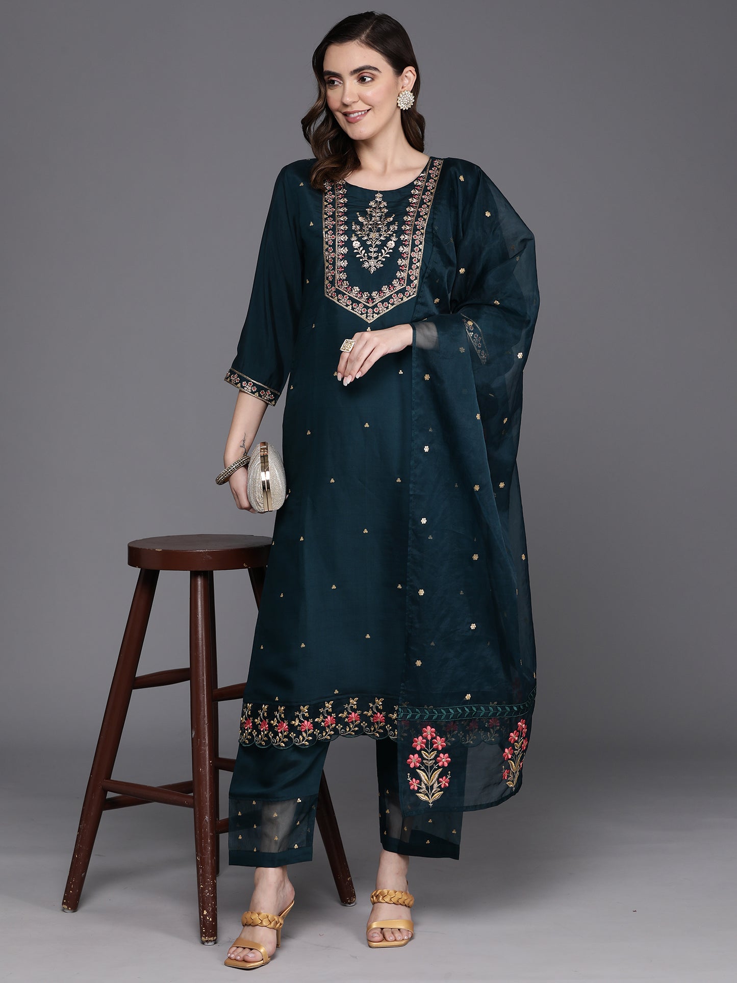 IE Blue Embroidered Straight Kurta Trousers With Dupatta Set