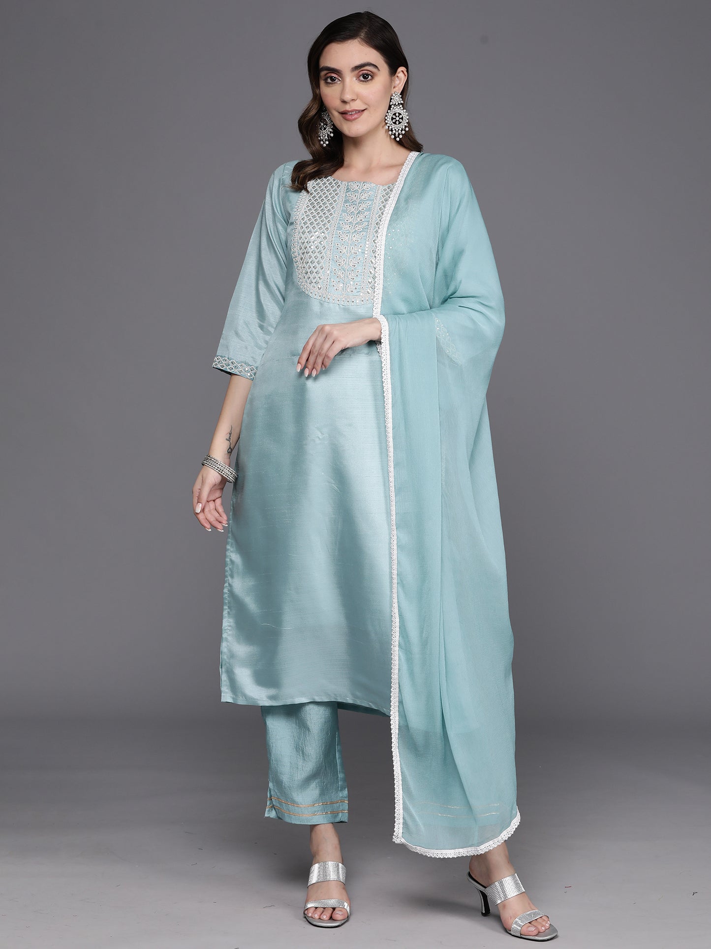 IE Blue Embroidered Straight Kurta Trousers With Dupatta Set