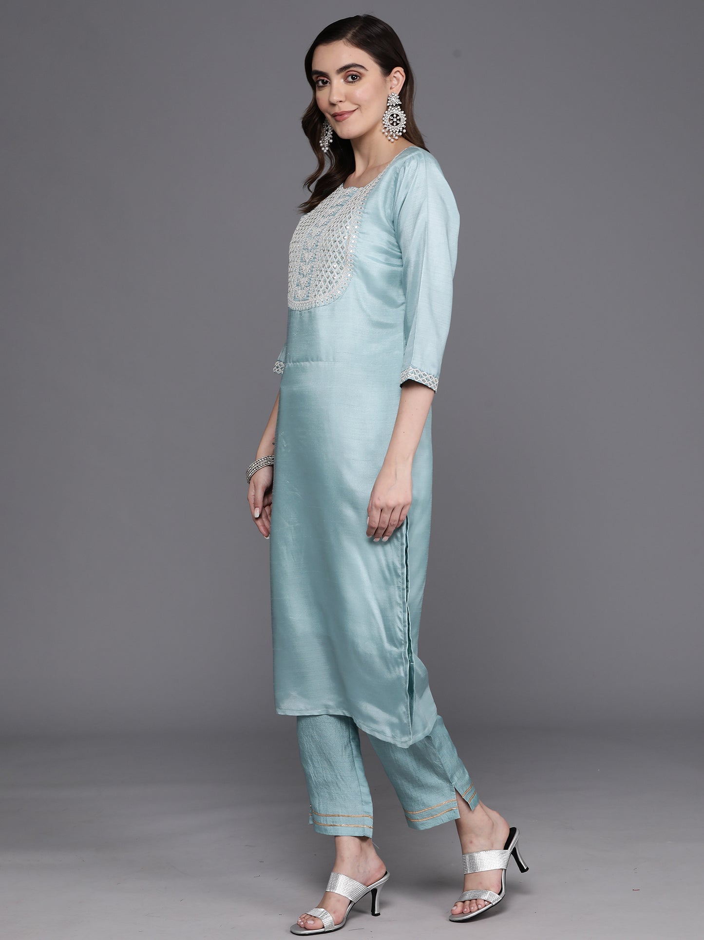 IE Blue Embroidered Straight Kurta Trousers With Dupatta Set