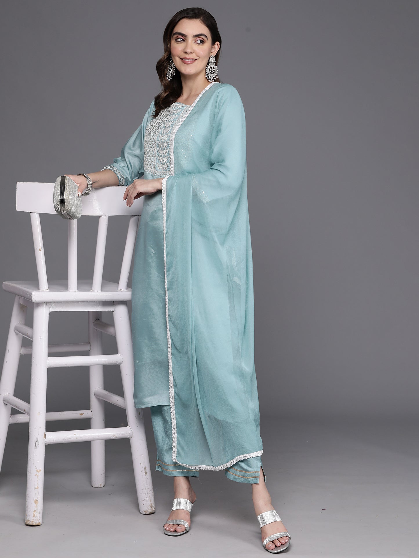 IE Blue Embroidered Straight Kurta Trousers With Dupatta Set