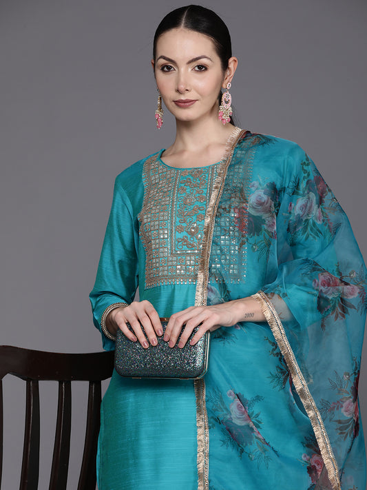 IE Blue Embroidered Straight Kurta Trousers With Dupatta Set