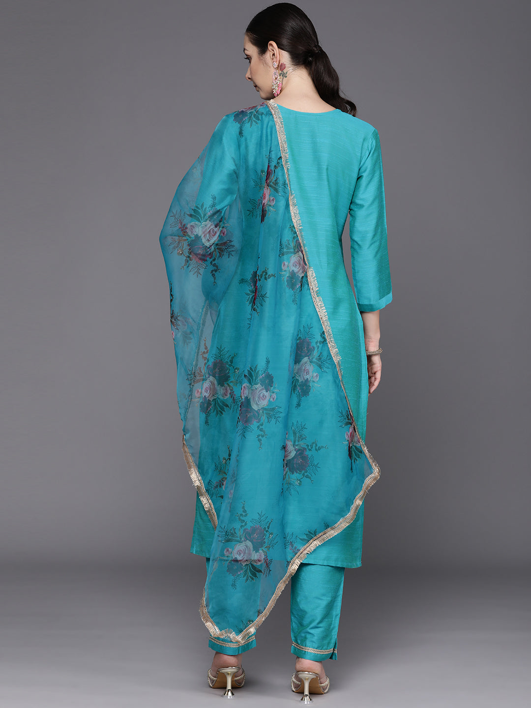 IE Blue Embroidered Straight Kurta Trousers With Dupatta Set