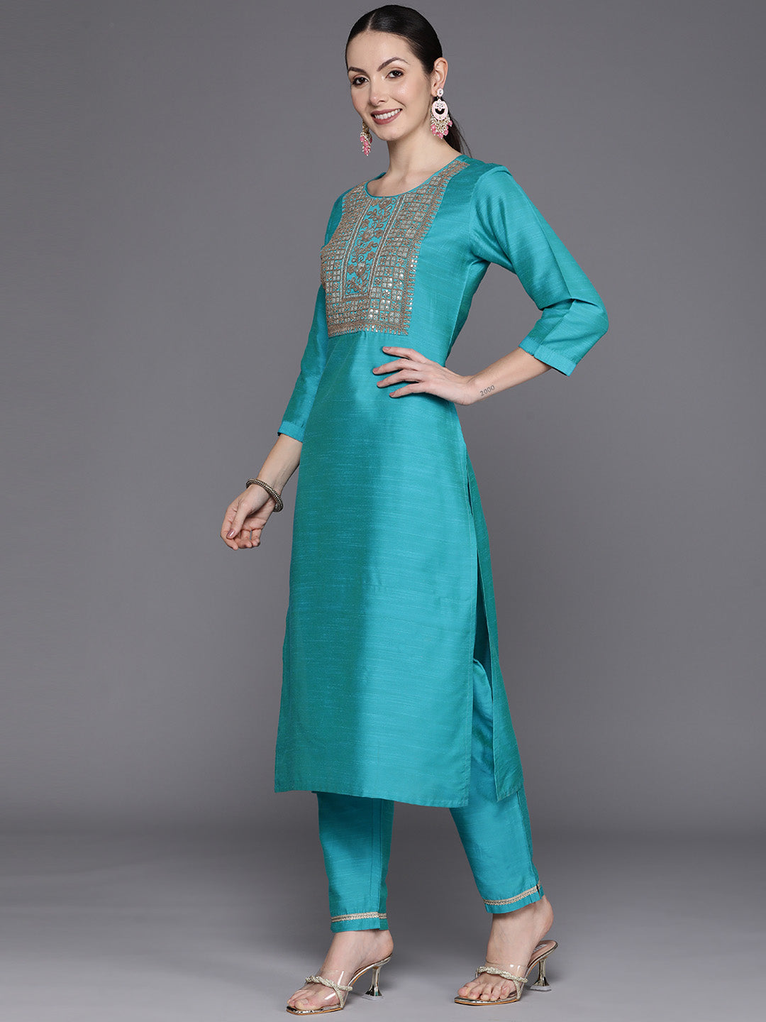 IE Blue Embroidered Straight Kurta Trousers With Dupatta Set