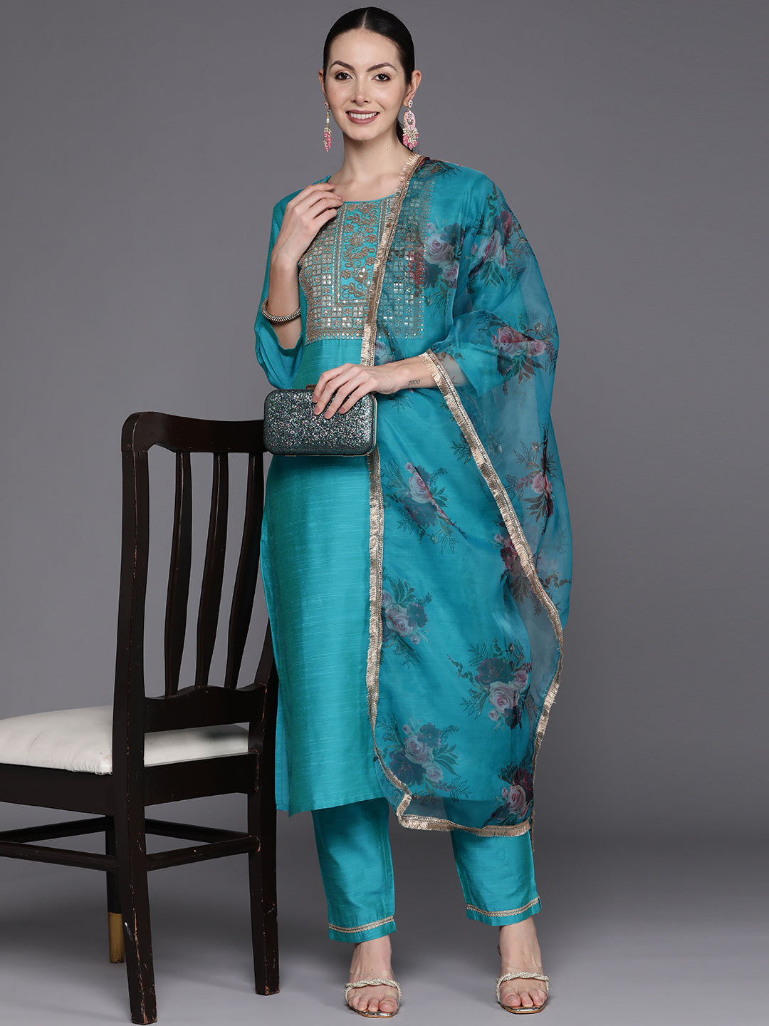 IE Blue Embroidered Straight Kurta Trousers With Dupatta Set