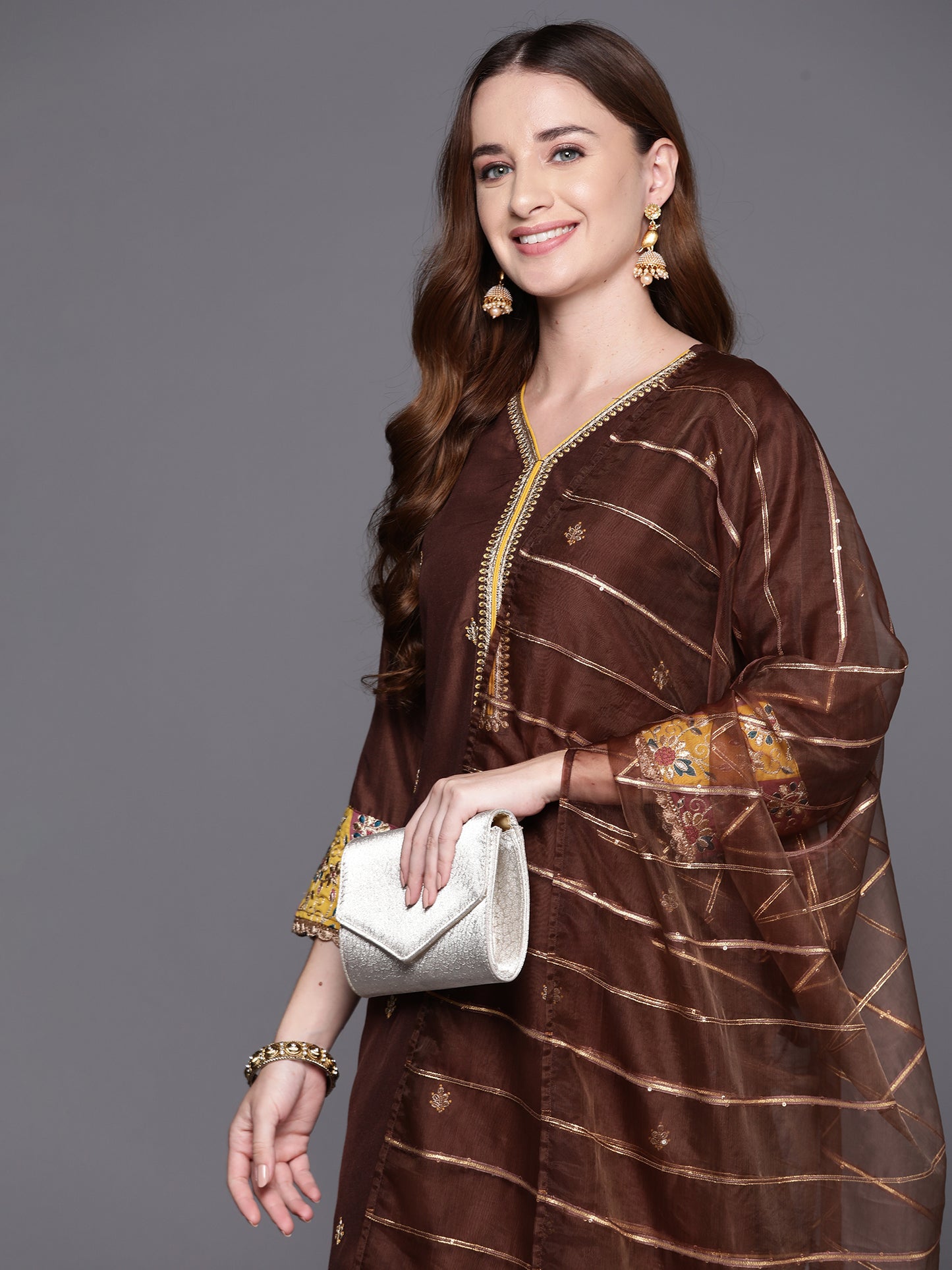 IE Brown Embroidered Straight Kurta Trousers With Dupatta Set