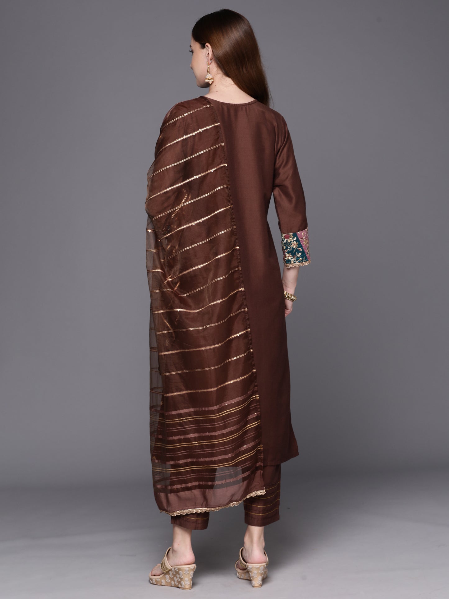 IE Brown Embroidered Straight Kurta Trousers With Dupatta Set