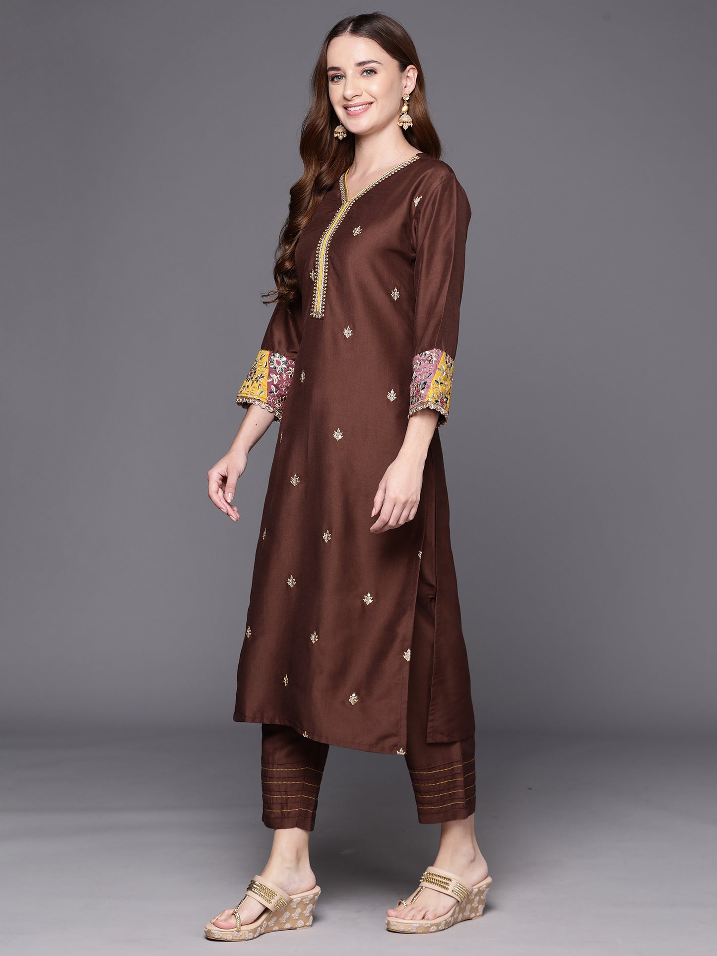 IE Brown Embroidered Straight Kurta Trousers With Dupatta Set