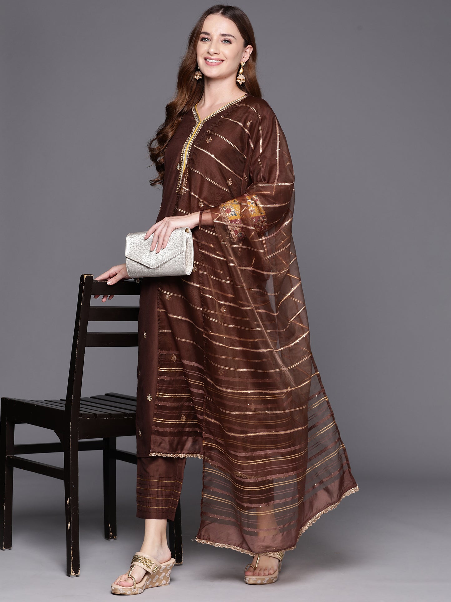 IE Brown Embroidered Straight Kurta Trousers With Dupatta Set