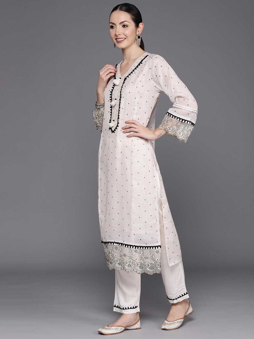 IE Cream Embroidered Straight Kurta Trousers With Dupatta Set