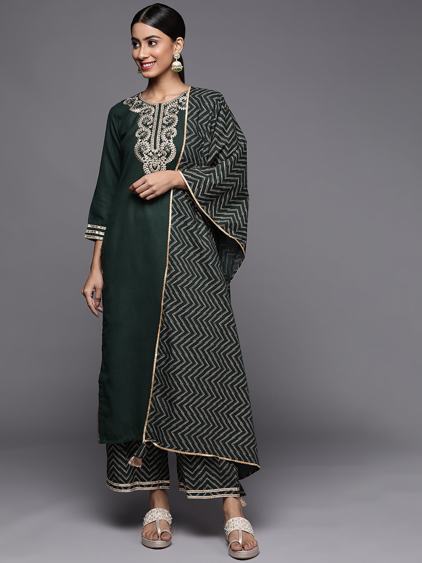 IE Green Embroidered Strraight Kurta Palazzo With Dupatta Set