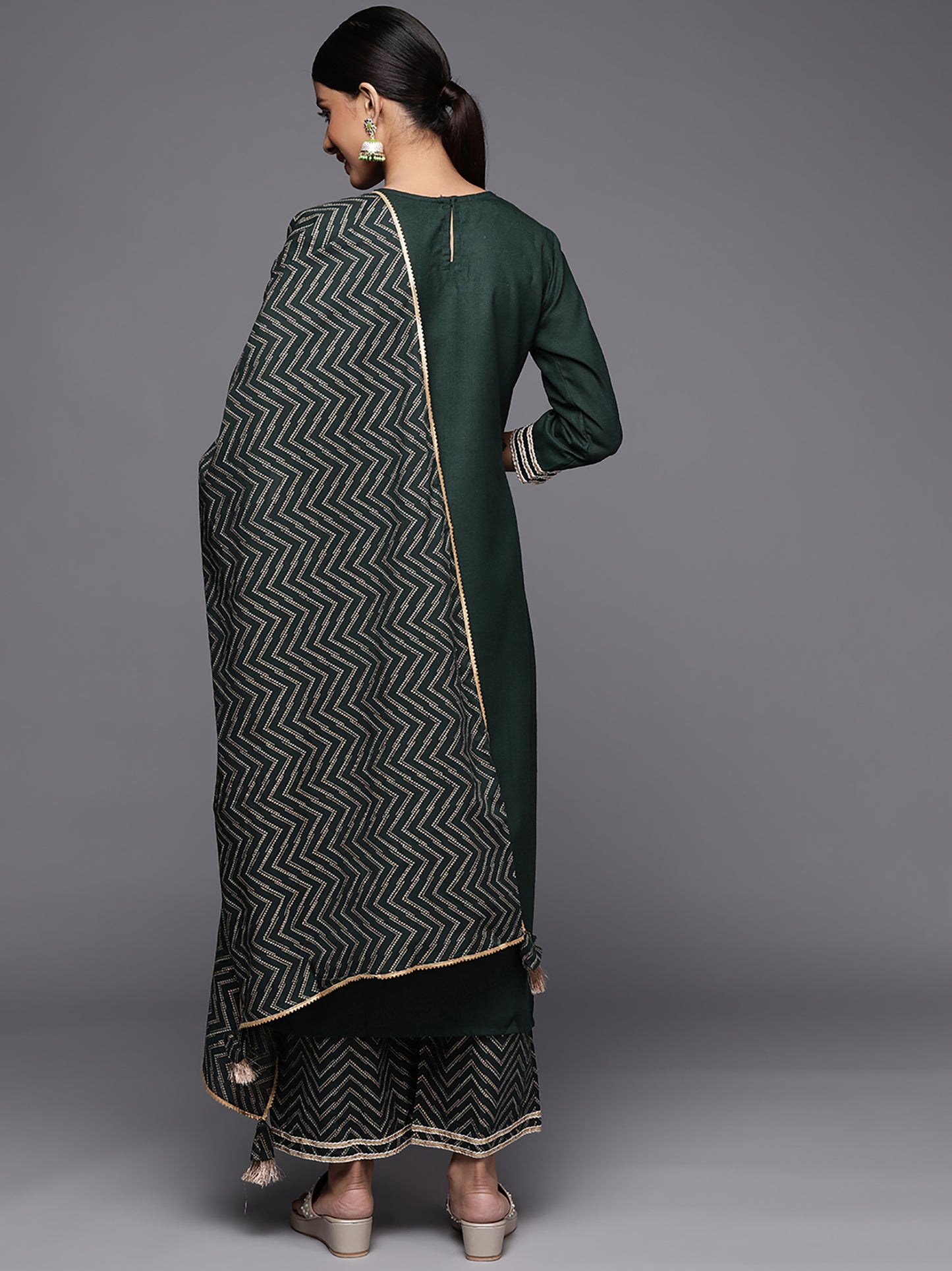 IE Green Embroidered Strraight Kurta Palazzo With Dupatta Set