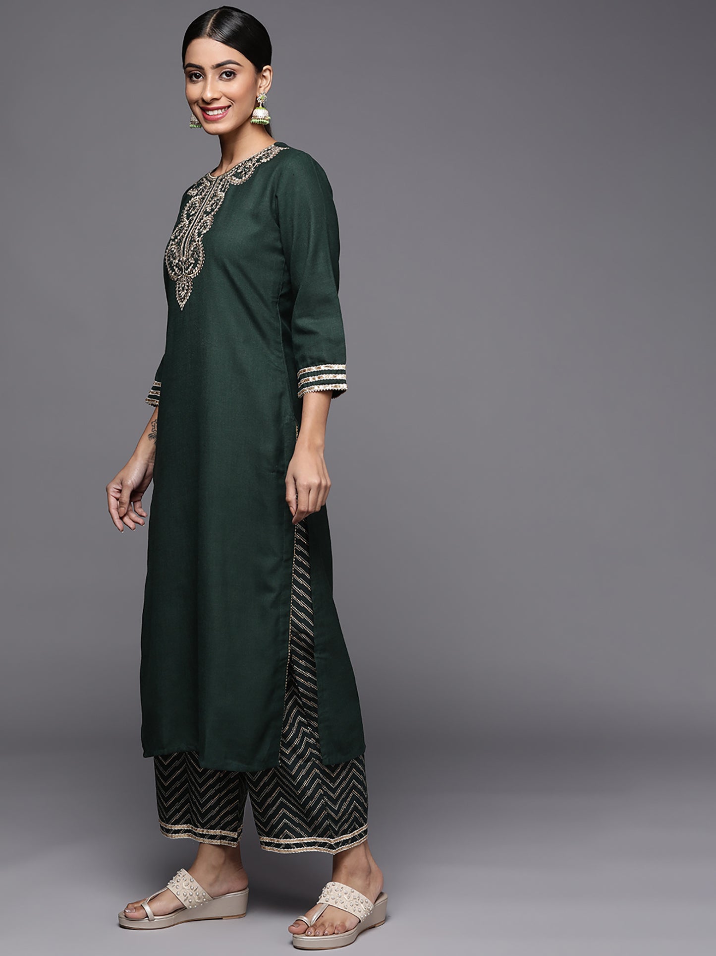 IE Green Embroidered Strraight Kurta Palazzo With Dupatta Set