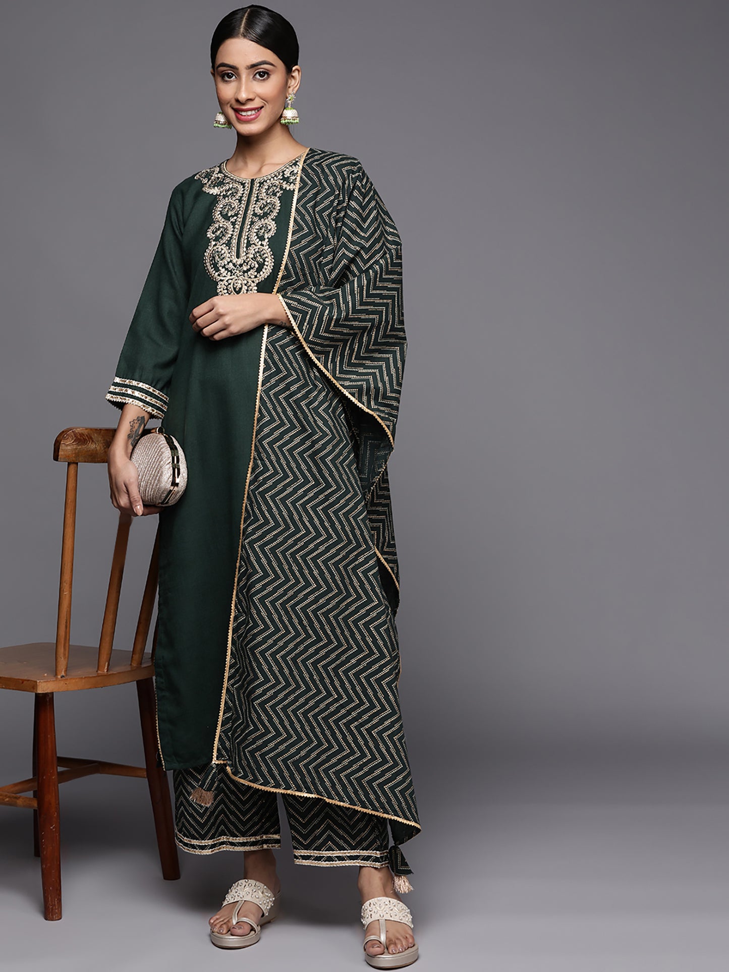 IE Green Embroidered Strraight Kurta Palazzo With Dupatta Set