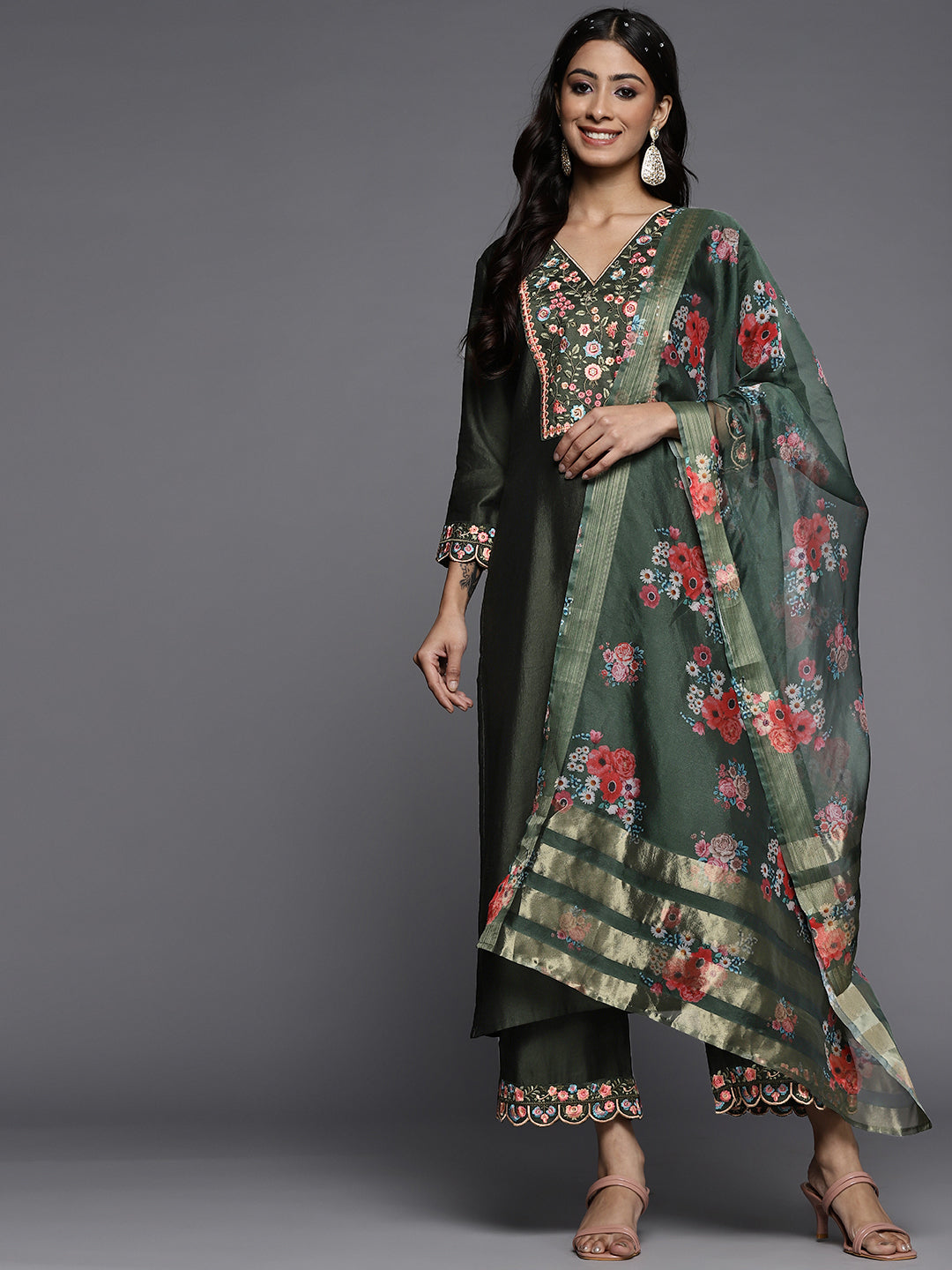 IE Green Embroidered Straight Kurta Palazzos With Dupatta Set