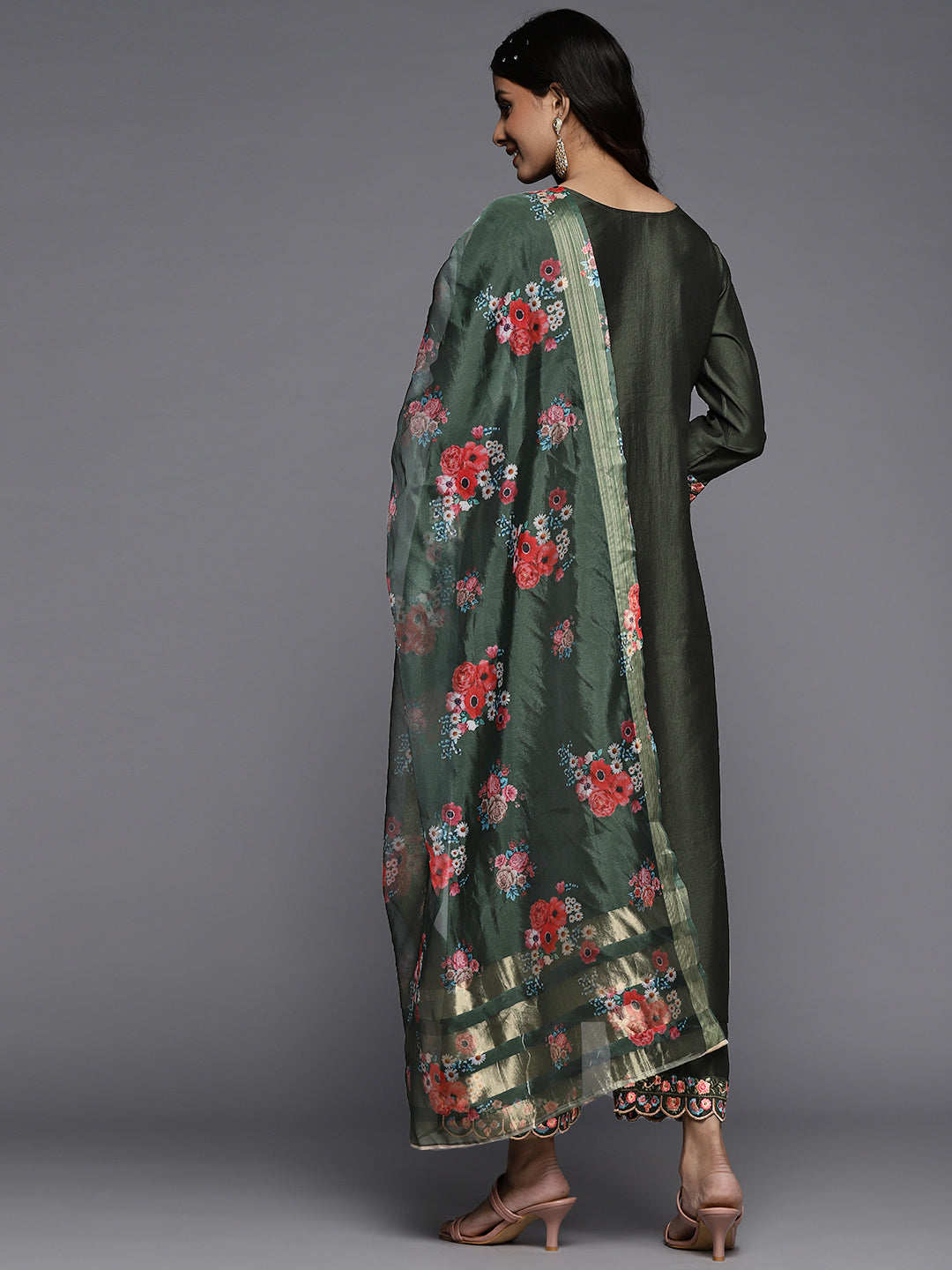 IE Green Embroidered Straight Kurta Palazzos With Dupatta Set