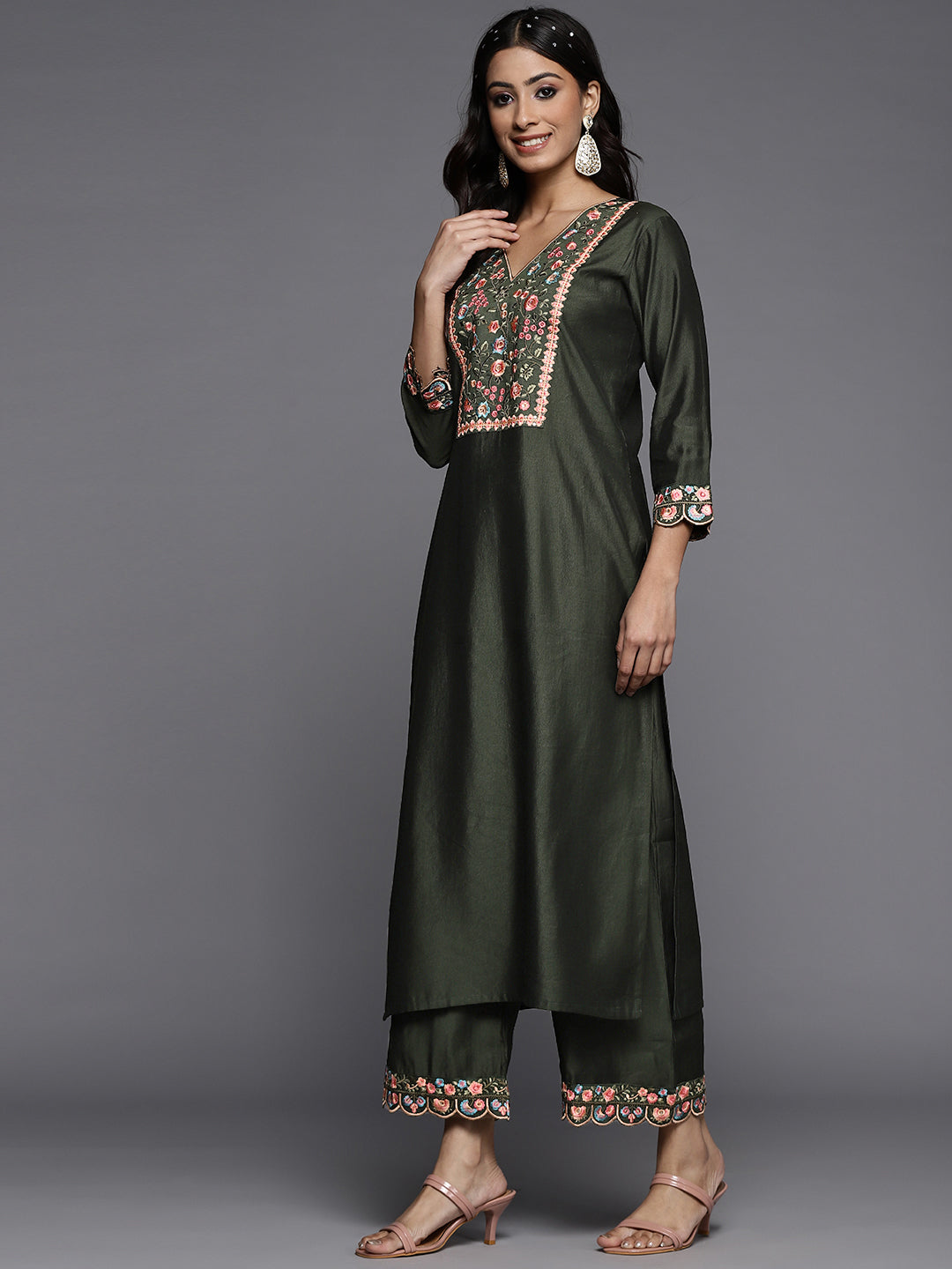 IE Green Embroidered Straight Kurta Palazzos With Dupatta Set