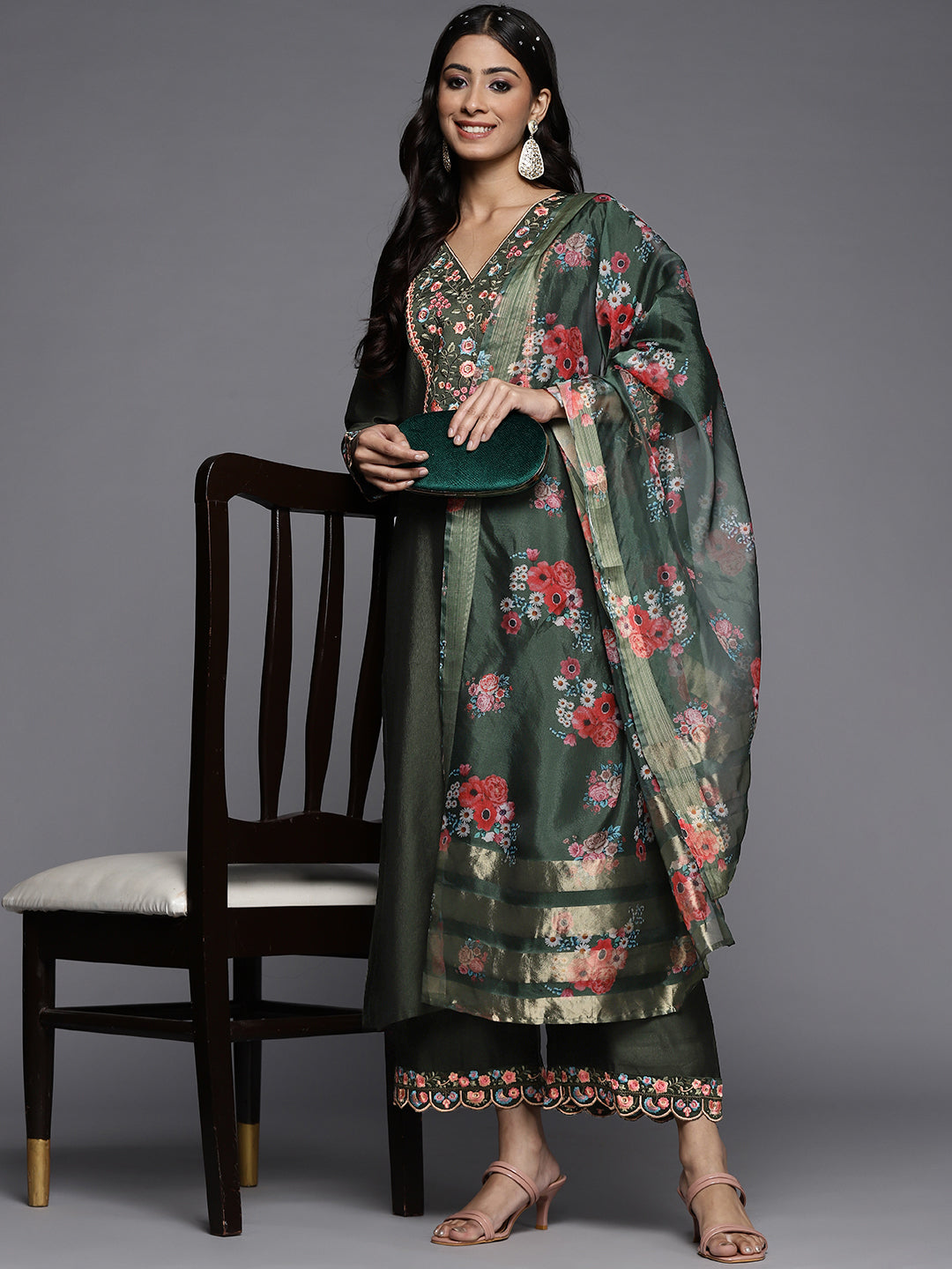 IE Green Embroidered Straight Kurta Palazzos With Dupatta Set