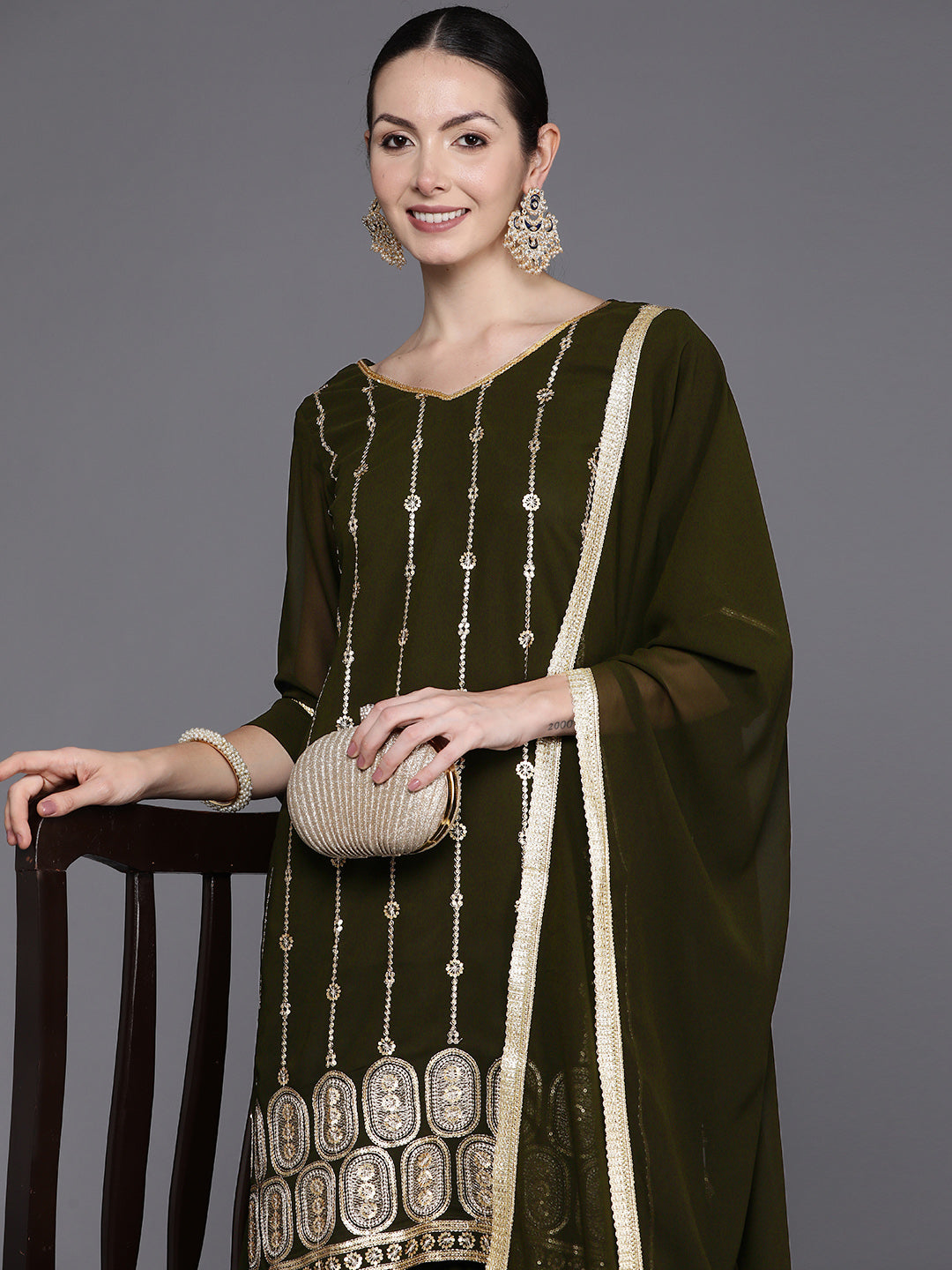 IE Green Embroidered Straight Kurta Sharara With Dupatta Set