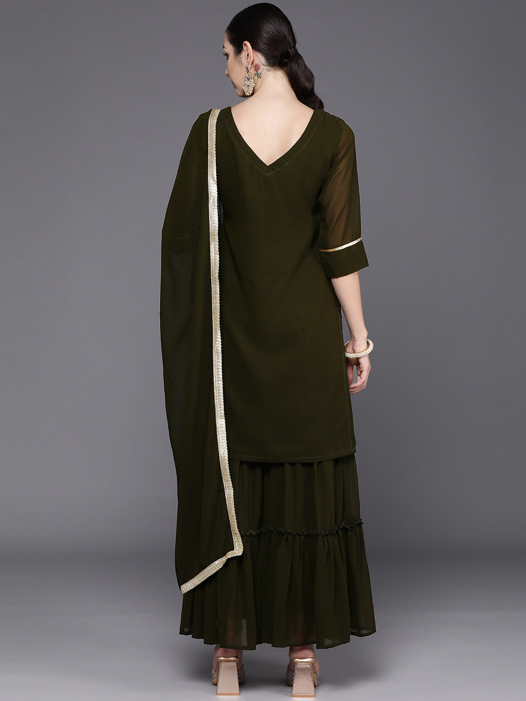 IE Green Embroidered Straight Kurta Sharara With Dupatta Set