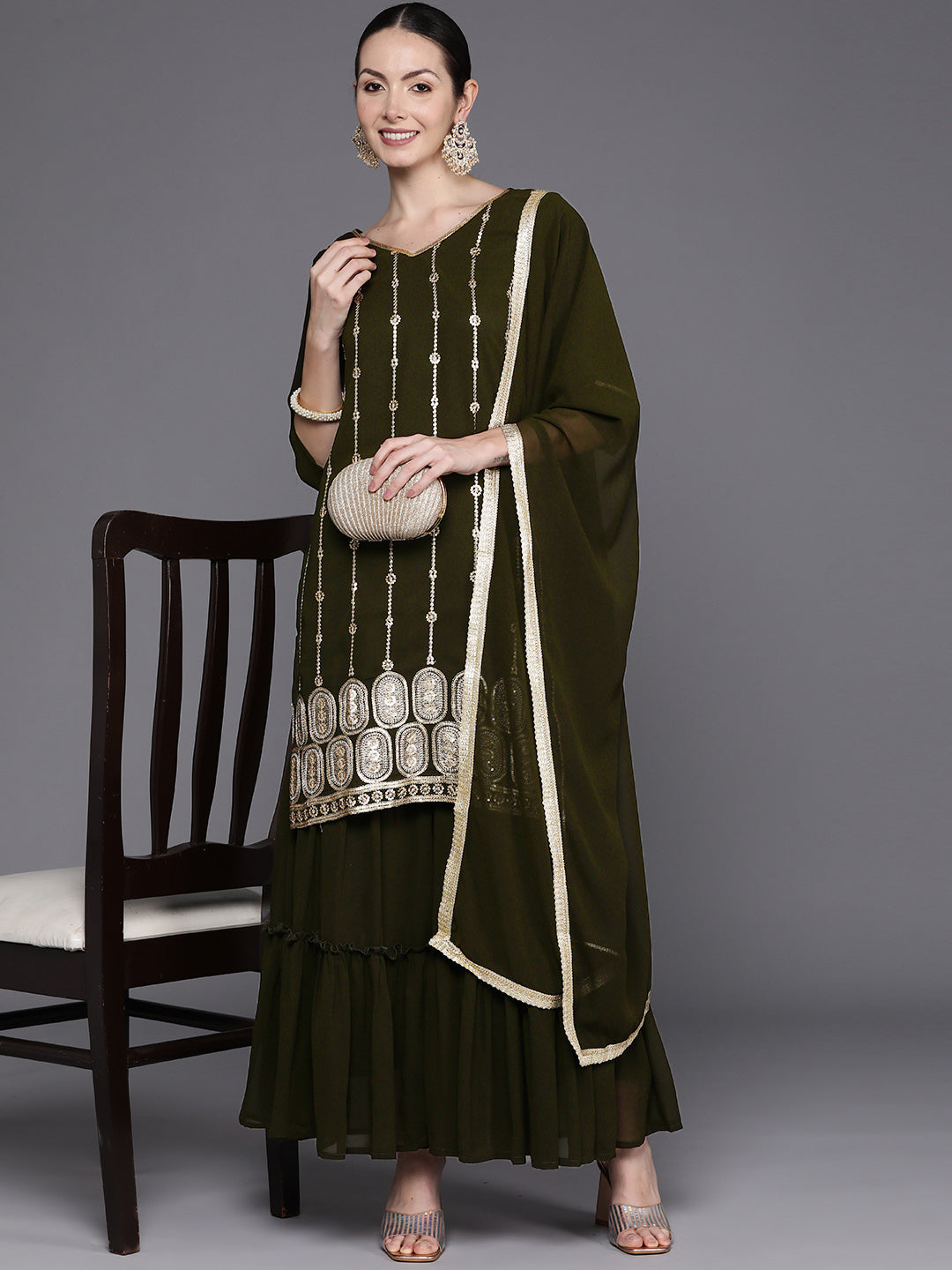 IE Green Embroidered Straight Kurta Sharara With Dupatta Set