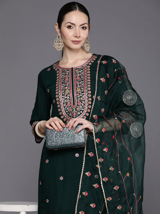 IE Green Embroidered Straight Kurta Trousers With Dupatta Set