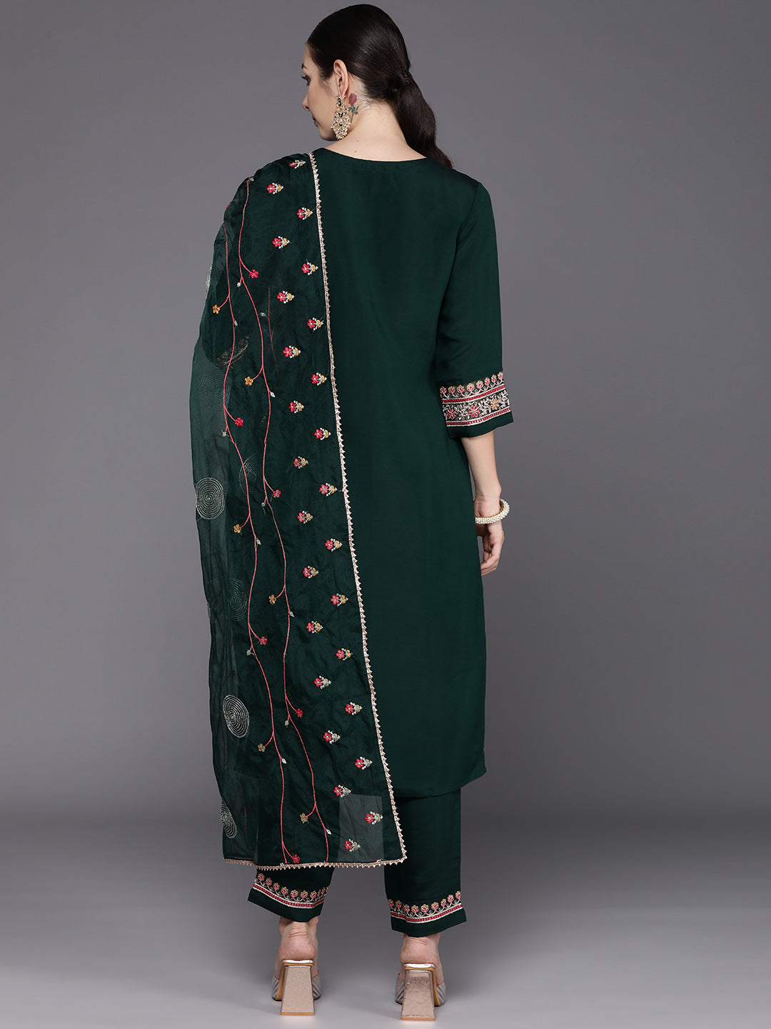 IE Green Embroidered Straight Kurta Trousers With Dupatta Set