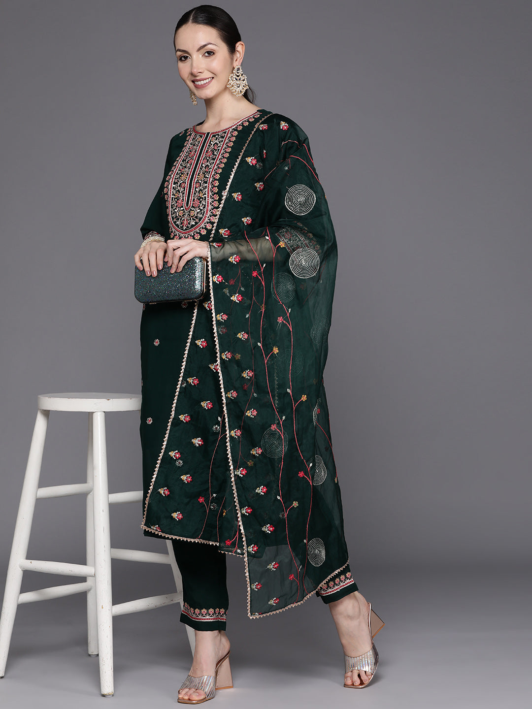 IE Green Embroidered Straight Kurta Trousers With Dupatta Set