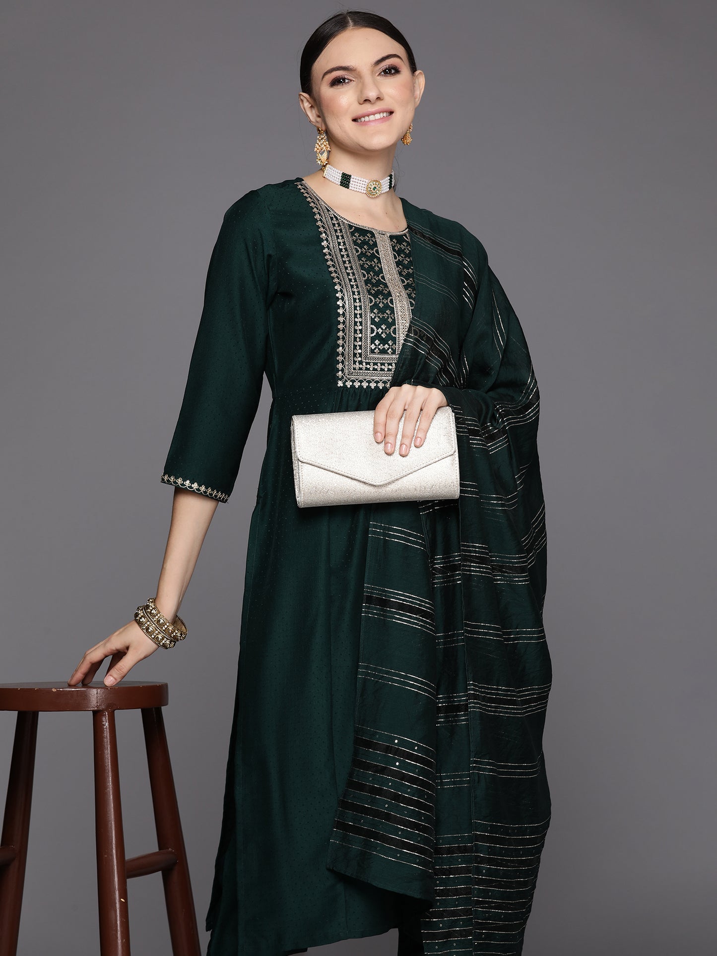 IE Green Embroidered A-Line Kurta Trousers With Dupatta Set