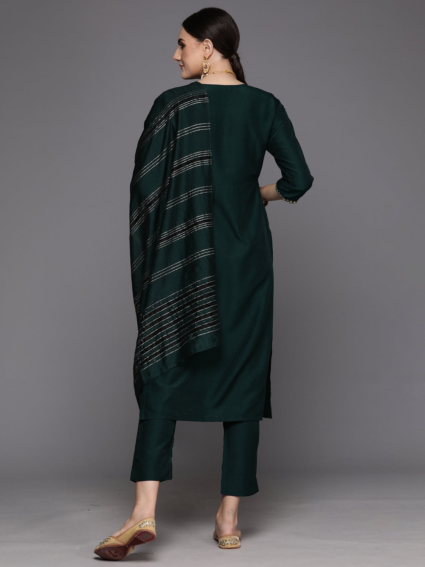 IE Green Embroidered A-Line Kurta Trousers With Dupatta Set