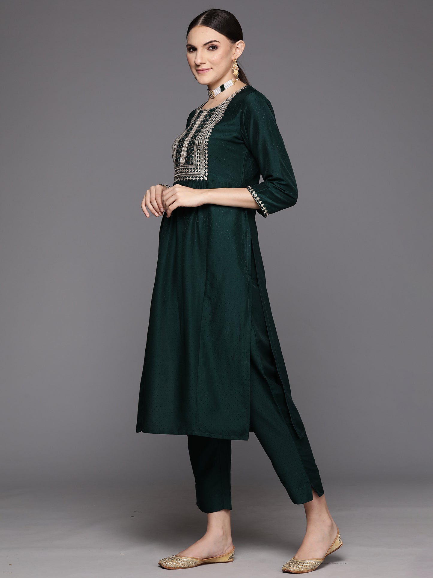 IE Green Embroidered A-Line Kurta Trousers With Dupatta Set