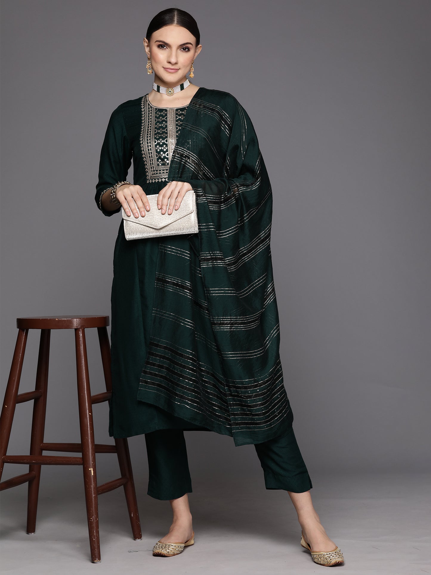 IE Green Embroidered A-Line Kurta Trousers With Dupatta Set