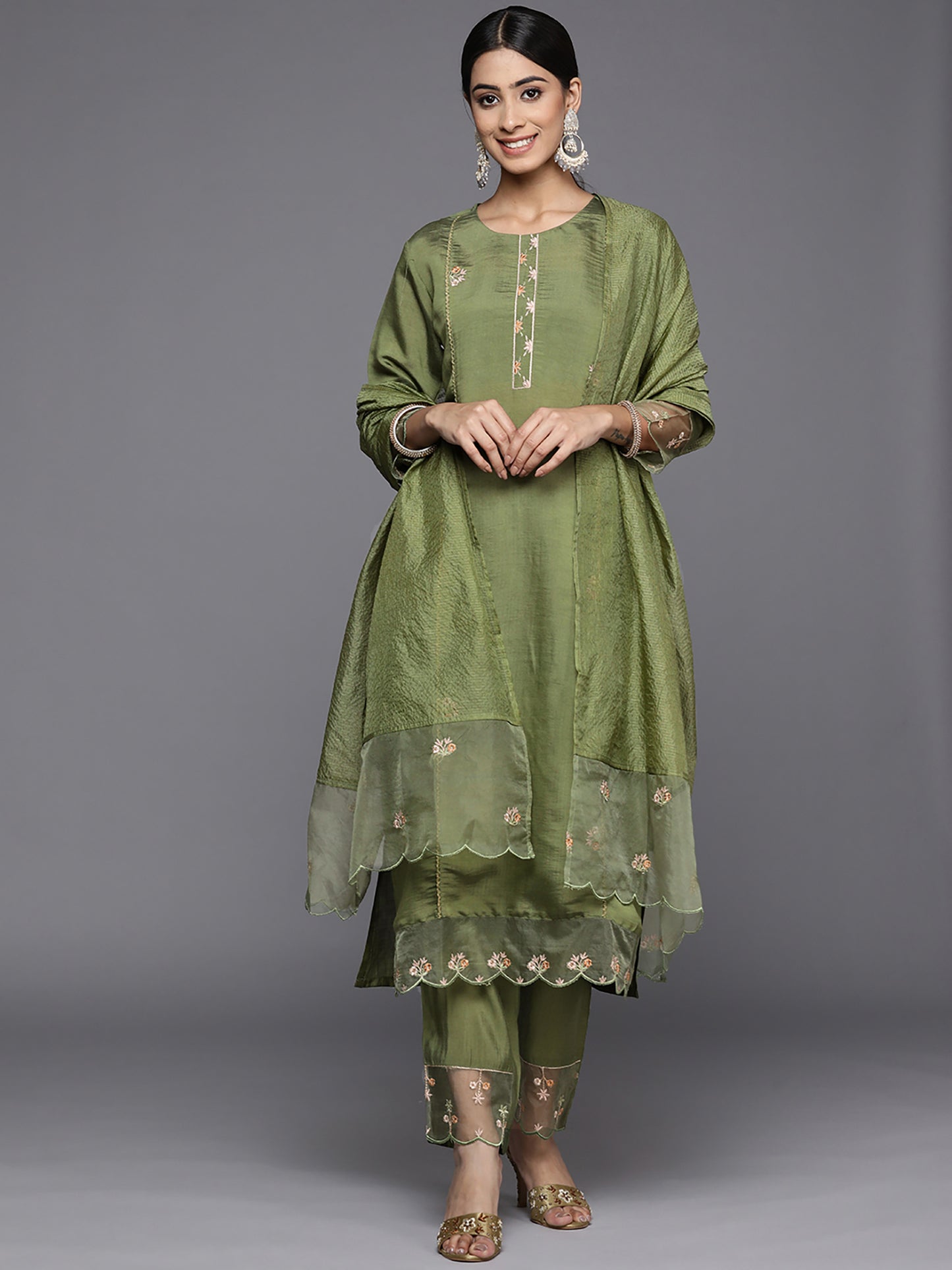 IE Green Embroidered Straight Kurta Trousers With Dupatta Set