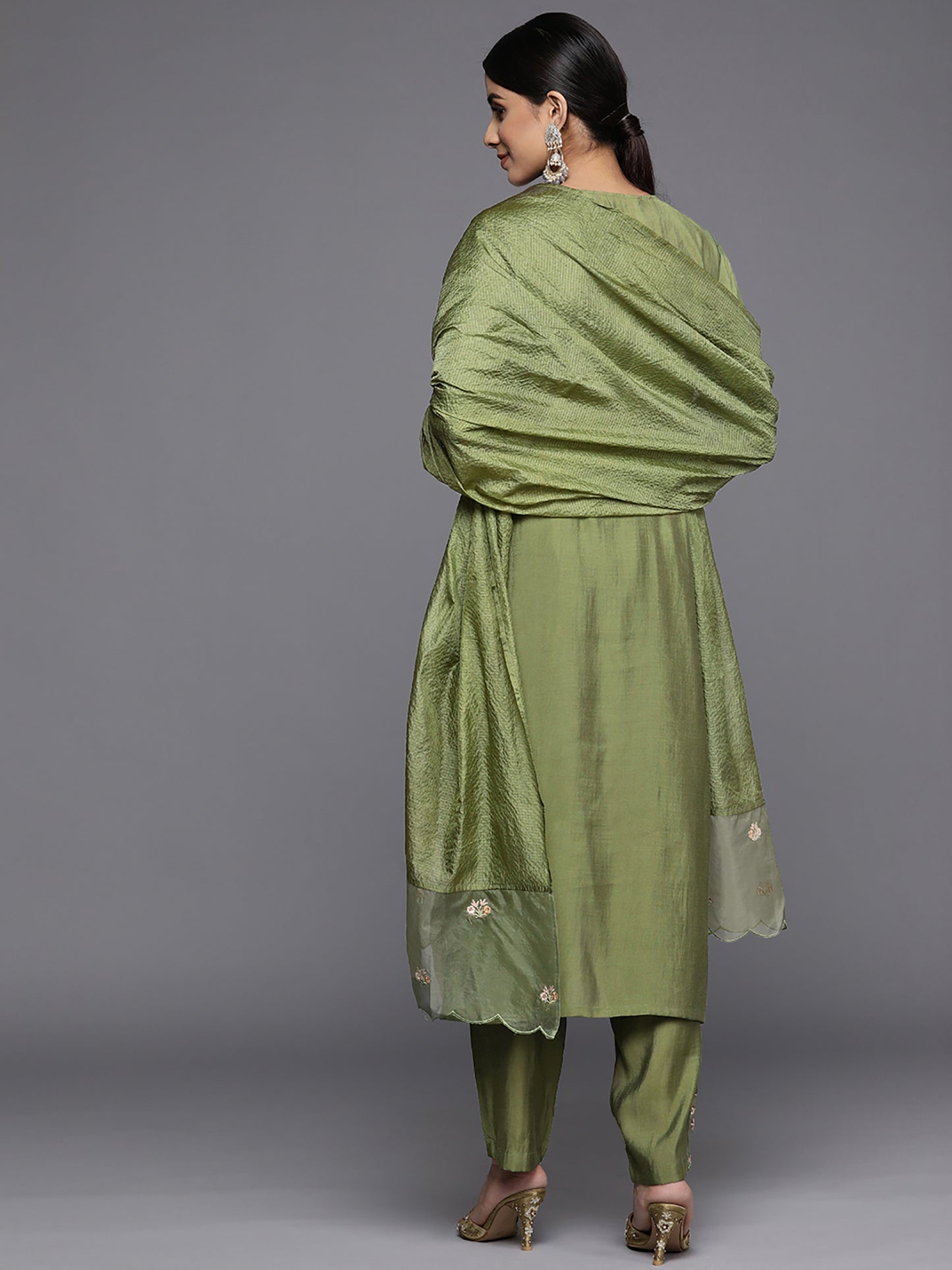 IE Green Embroidered Straight Kurta Trousers With Dupatta Set