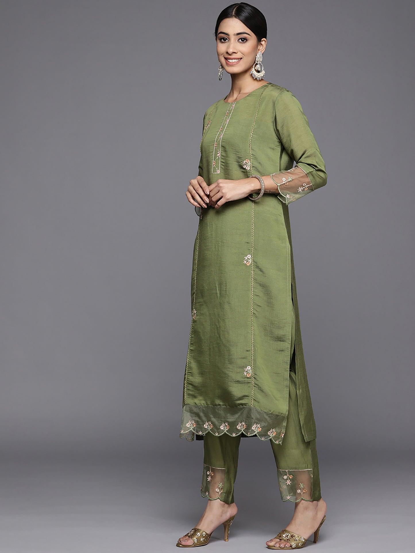 IE Green Embroidered Straight Kurta Trousers With Dupatta Set