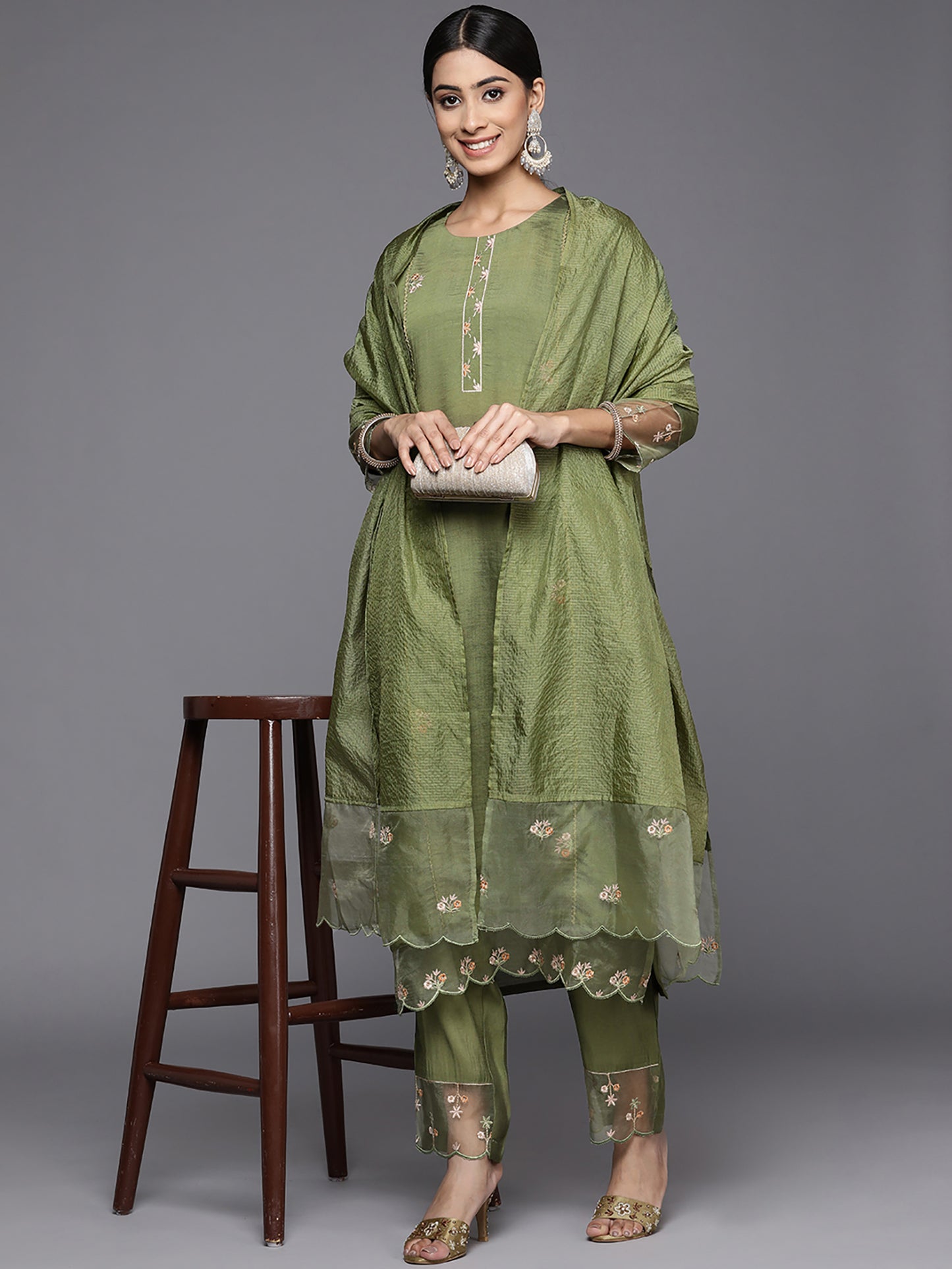 IE Green Embroidered Straight Kurta Trousers With Dupatta Set