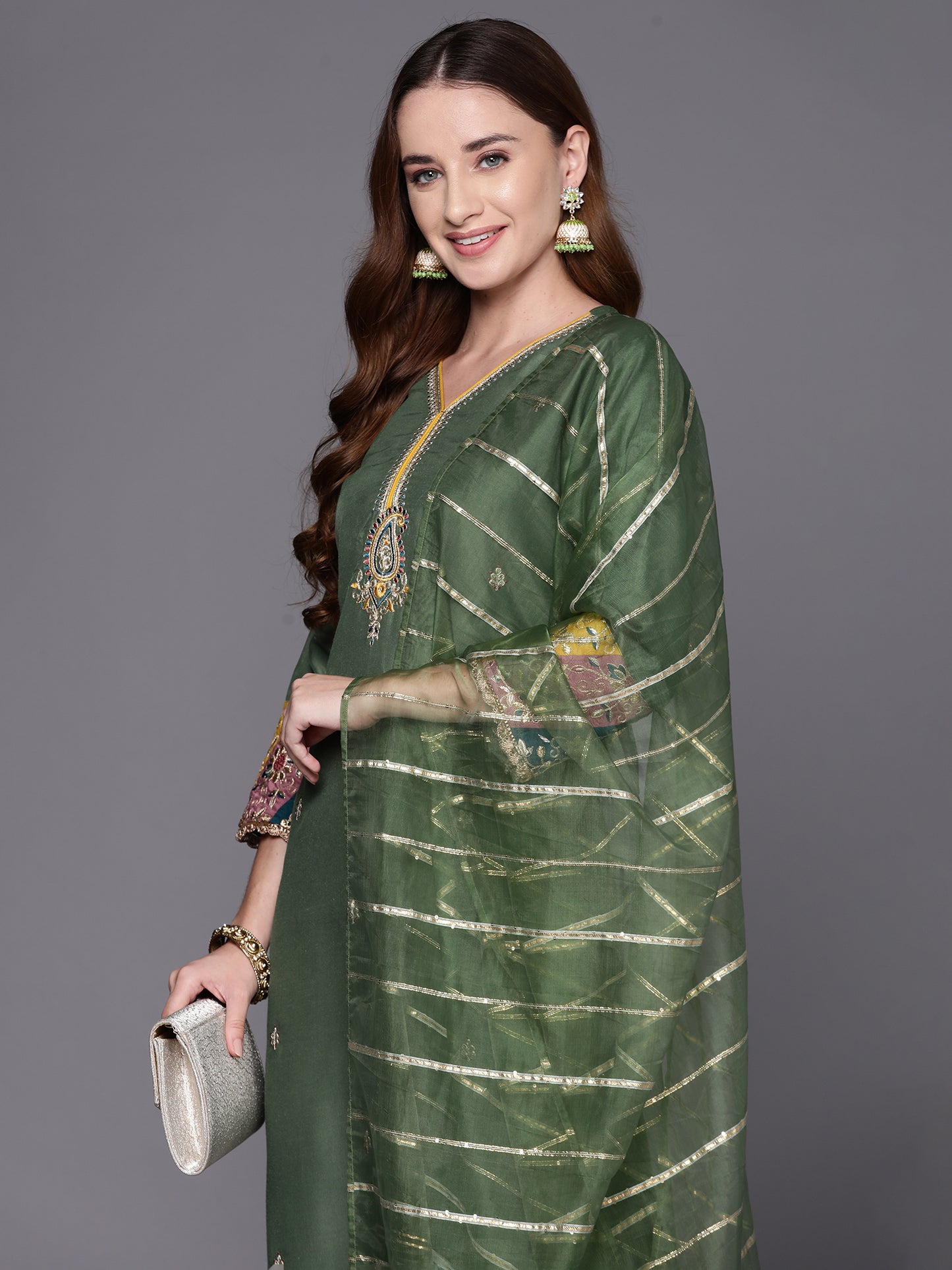 IE Green Embroidered Straight Kurta Trousers With Dupatta Set