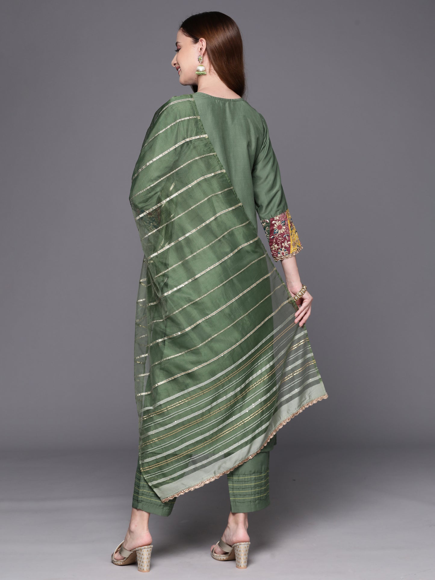 IE Green Embroidered Straight Kurta Trousers With Dupatta Set