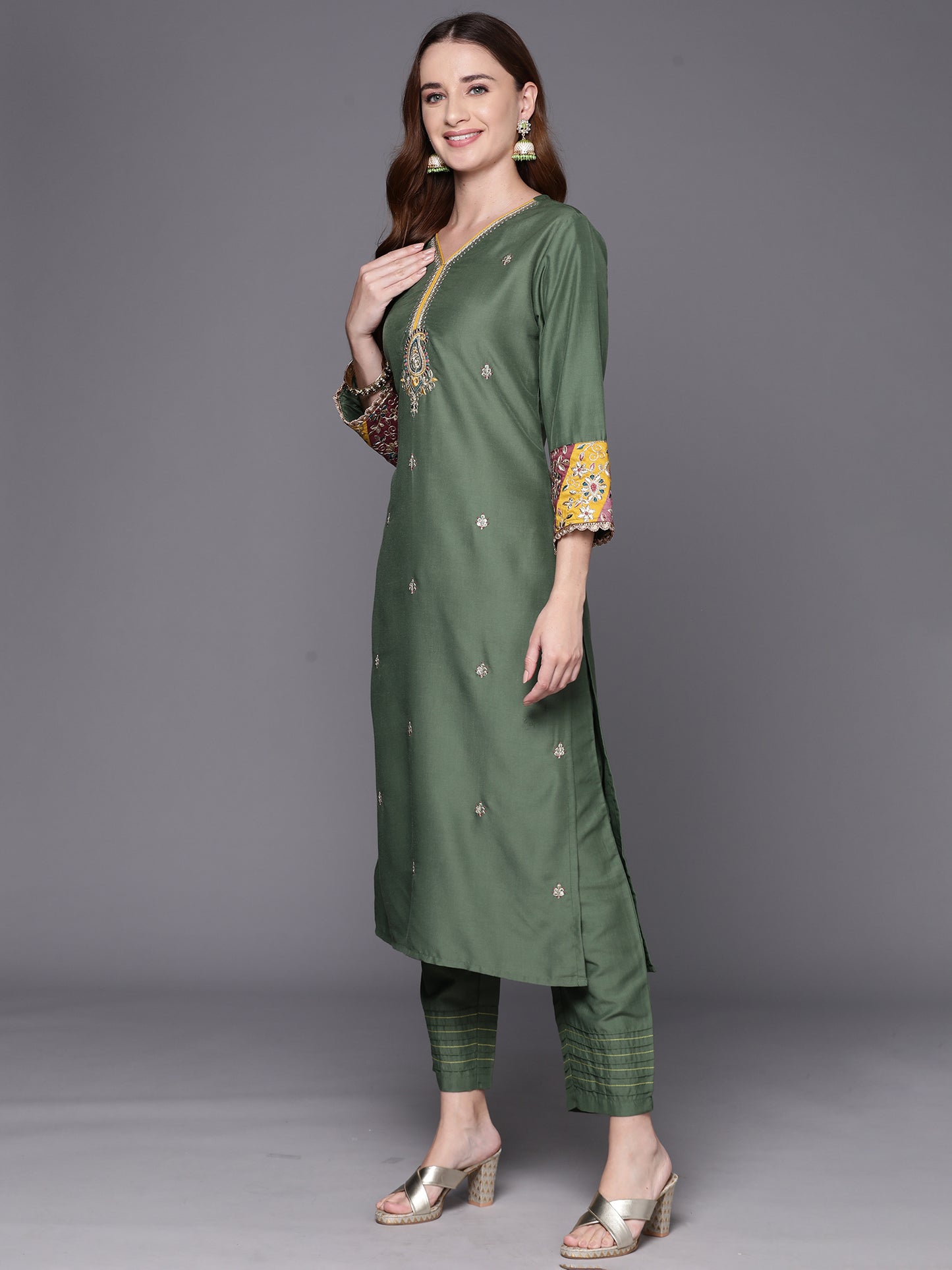 IE Green Embroidered Straight Kurta Trousers With Dupatta Set