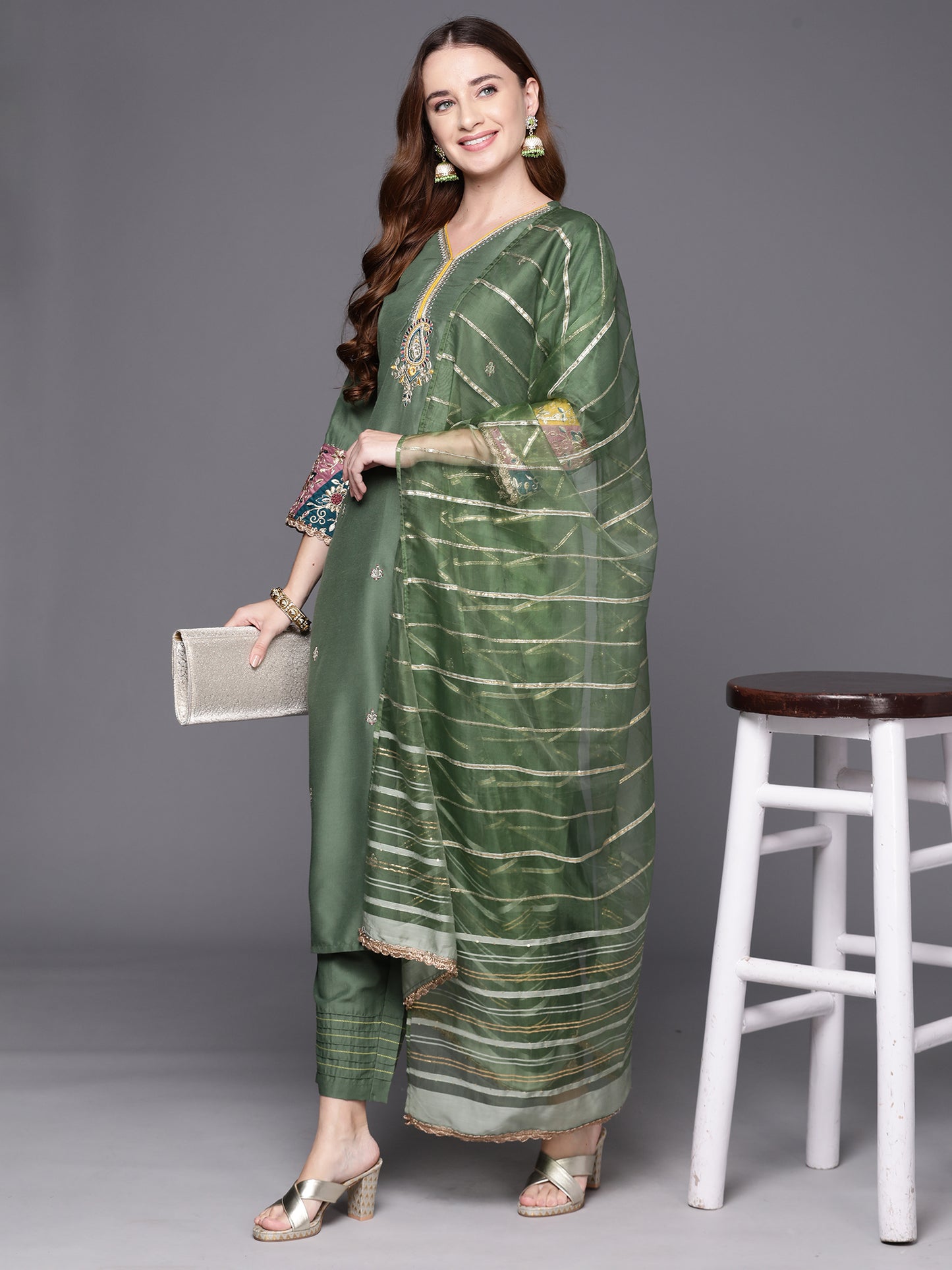 IE Green Embroidered Straight Kurta Trousers With Dupatta Set