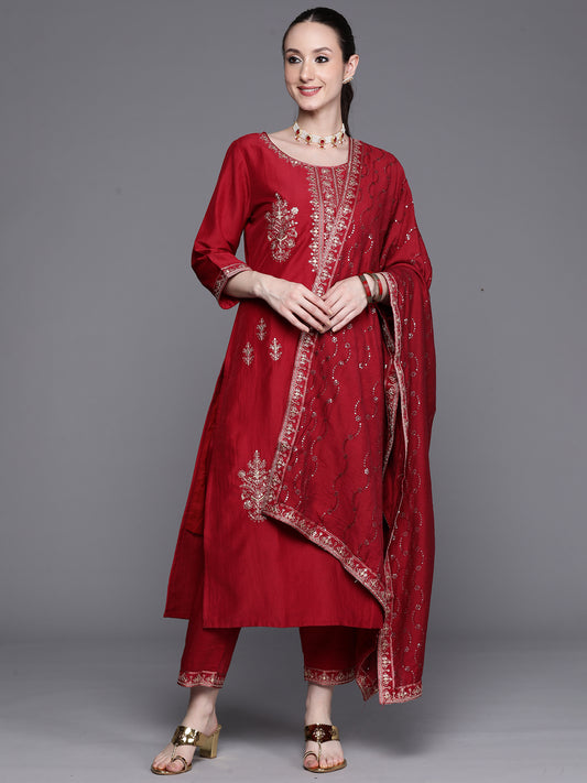 IE Maroon Embroidered Ethnic Straight Kurta Trousers With Dupatta Set