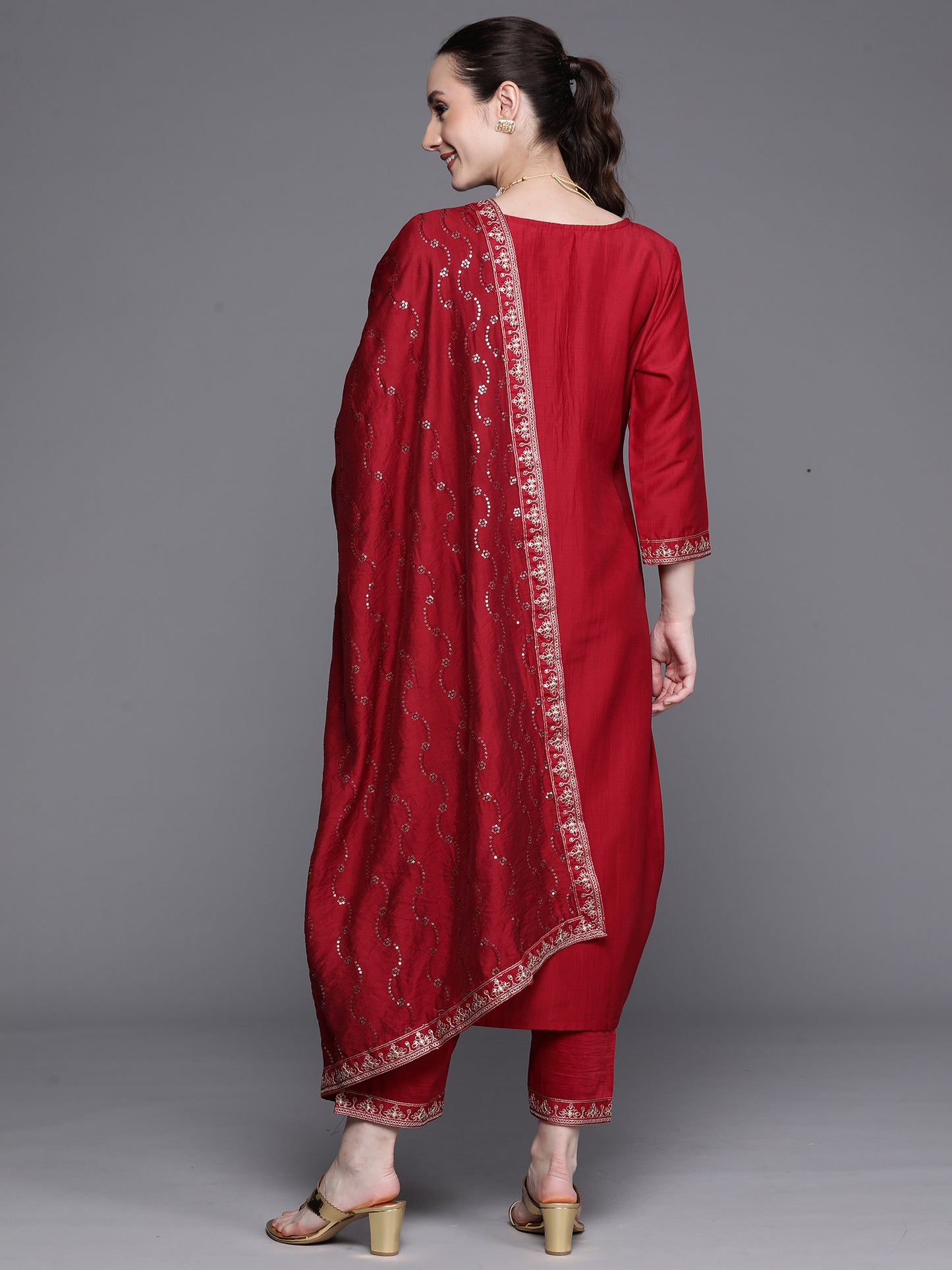 IE Maroon Embroidered Ethnic Straight Kurta Trousers With Dupatta Set