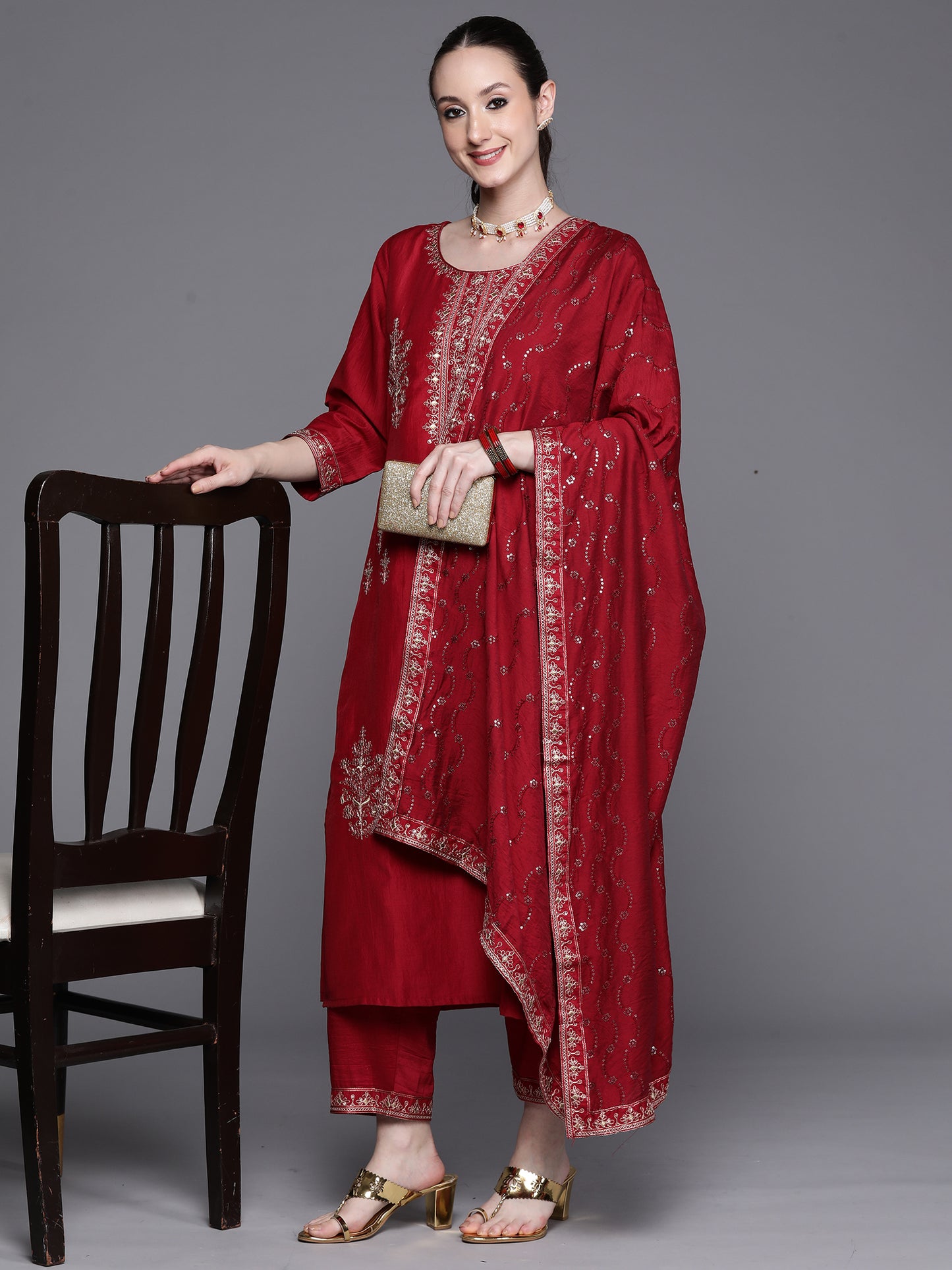 IE Maroon Embroidered Ethnic Straight Kurta Trousers With Dupatta Set